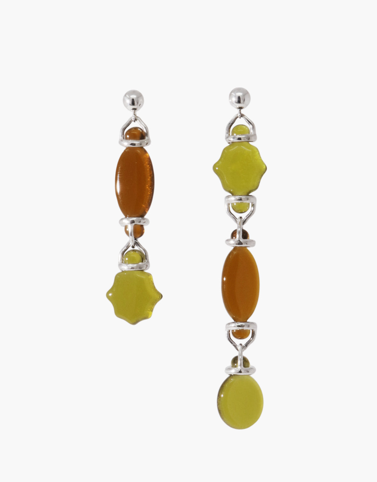 Picot Linear Earrings pairing light olive and brown amber glass Eco Gems along a sterling silver line, a warm two-tone colorway from the Las Collection. Picot Linear Earrings by CLED.