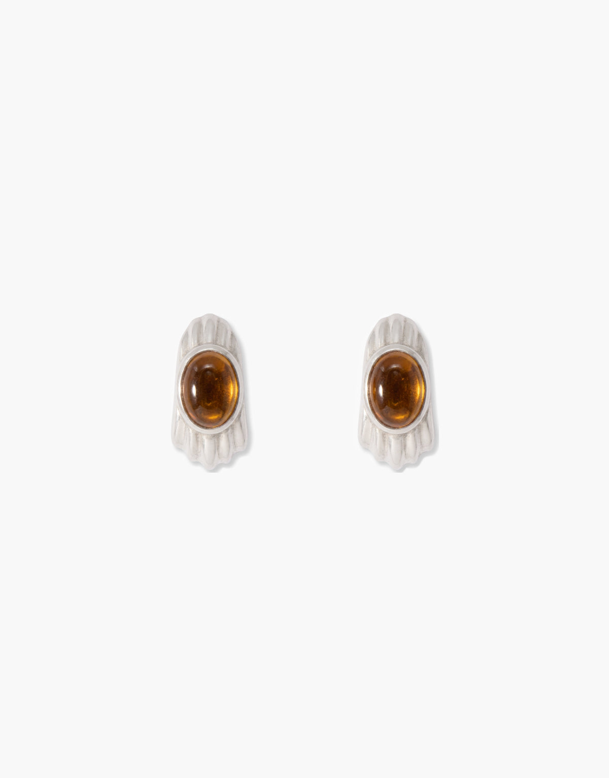 Close-up of Scallop Hoop Earrings showing the scalloped silver edge and warm brown amber glass Eco Gem. Handcrafted upcycled glass jewelry made in Los Angeles. Scallop Hoop Earrings by CLED.