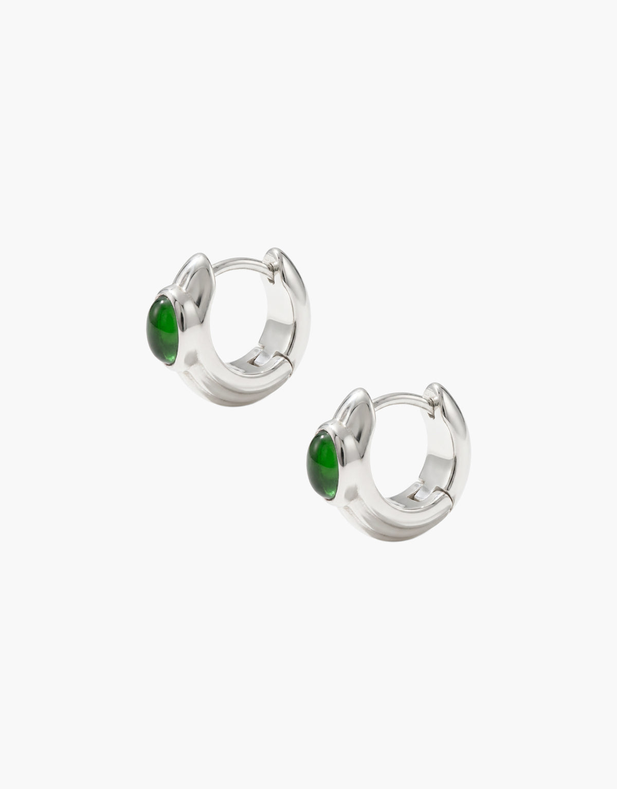 Scallop Hoop Earrings featuring a deep green forest glass Eco Gem set in a small scalloped sterling silver hoop. Sustainable upcycled glass jewelry from the Las Collection. Scallop Hoop Earrings by CLED.