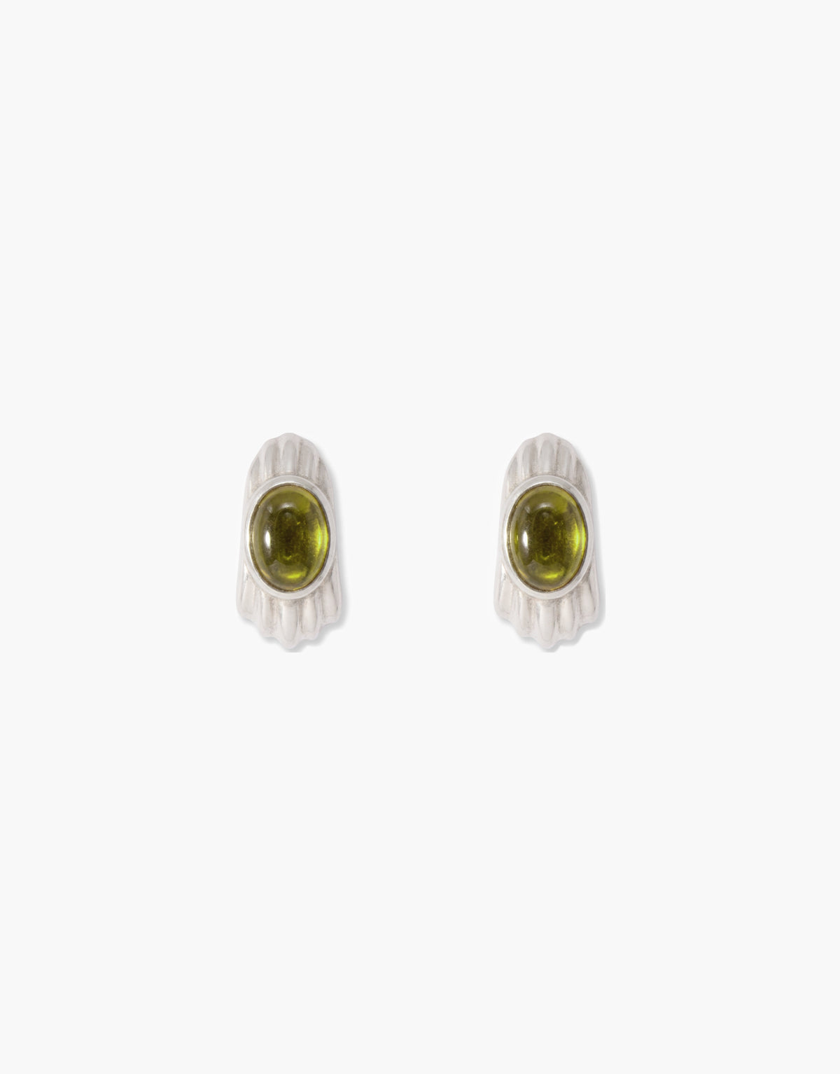 Scallop Hoop Earrings with a soft light olive glass Eco Gem framed by a scalloped sterling silver hoop, sitting close to the ear. Handcrafted in Los Angeles. Scallop Hoop Earrings by CLED.
