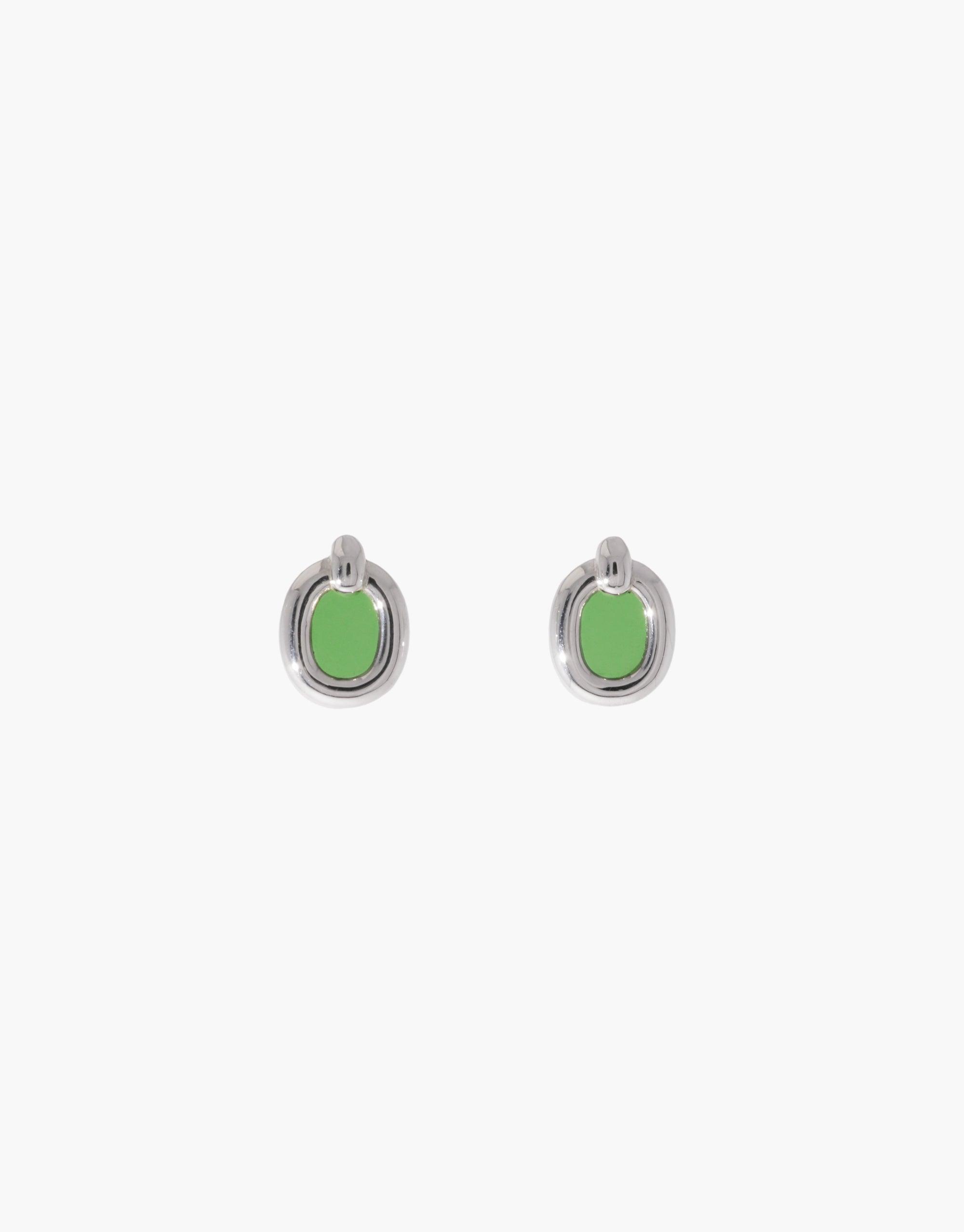 Small silver stud earrings featuring circular green enamel centers surrounded by metallic loops, showcasing minimalist design and eco-friendly aesthetics. Core Loop Earrings | Small by CLED