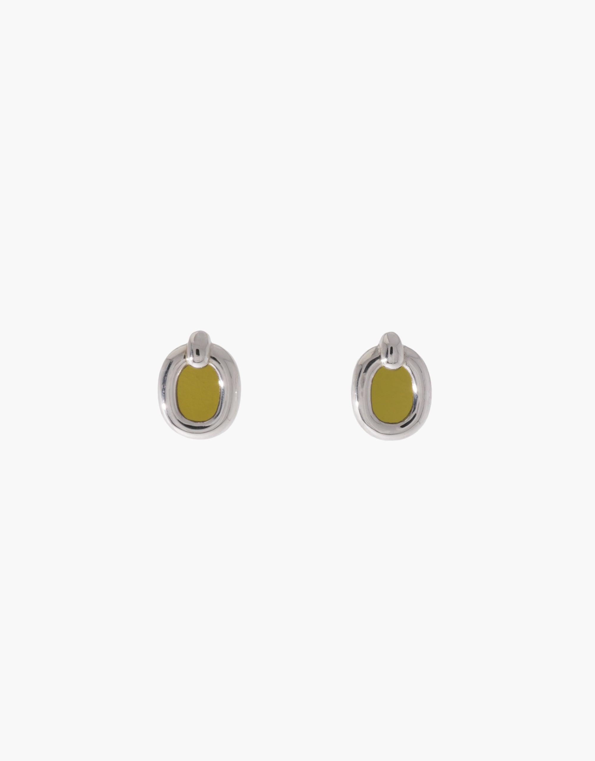 Small silver hoop earrings with yellow enamel center, showcasing minimalist design and upcycled materials. Core Loop Earrings | Small represent unity and sustainability in jewelry craftsmanship. CLED