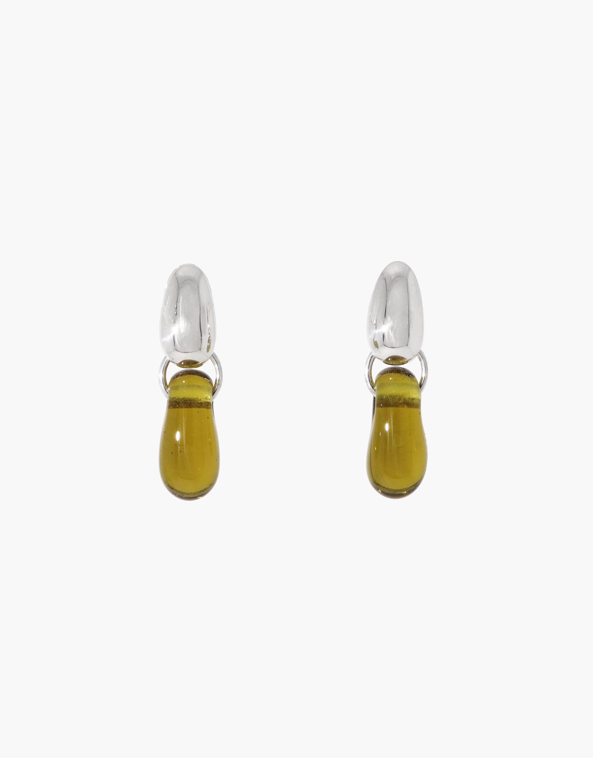 Drop Counts Earrings featuring minimal design with oval posts and teardrop-shaped upcycled eco gems in olive green. Sterling silver or gold vermeil earrings inspired by water, handmade in Los Angeles. Sustainable jewelry by CLED.