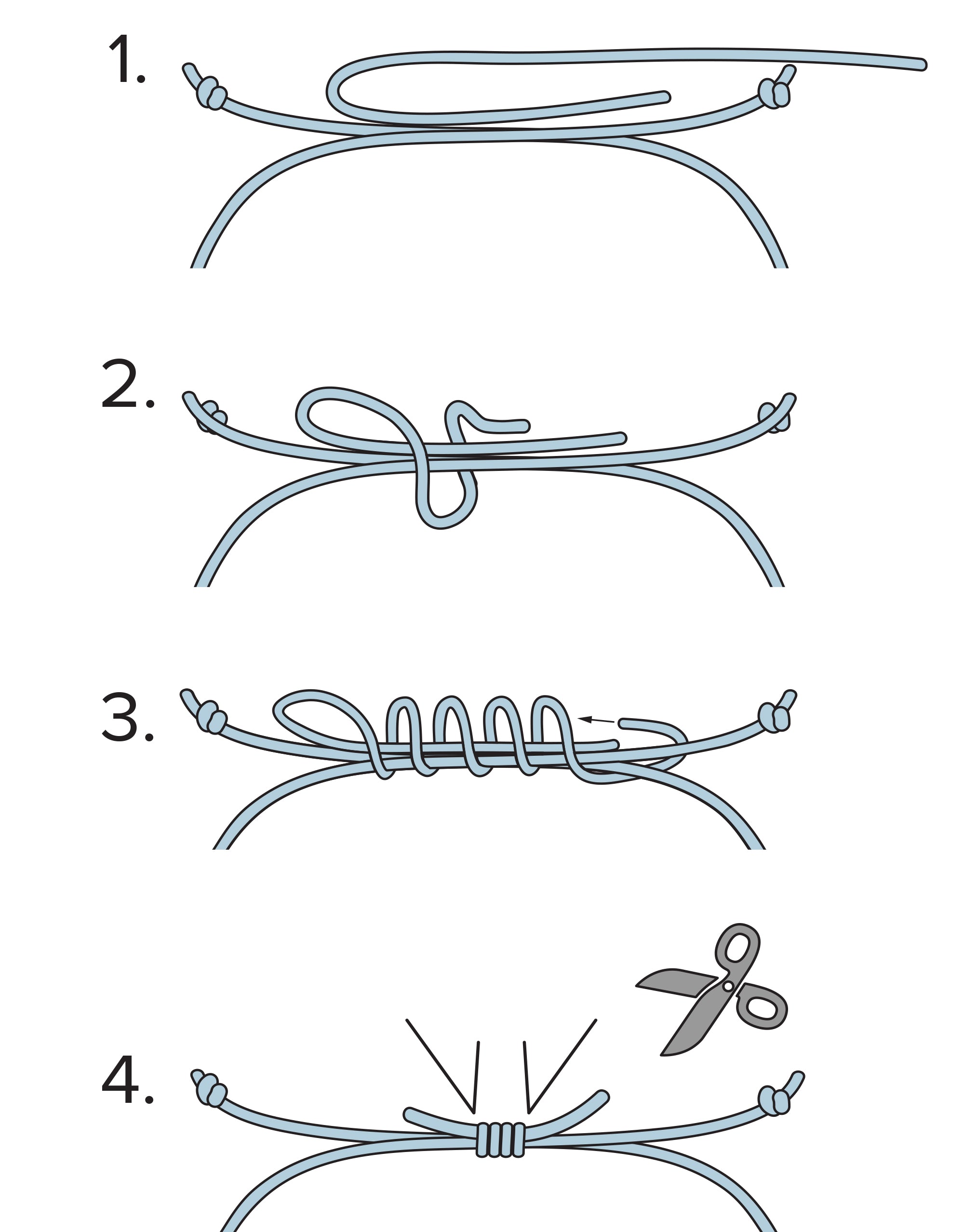 A step-by-step guide illustrating the process of tying a knot in a rope, showcasing clear techniques and methods.
