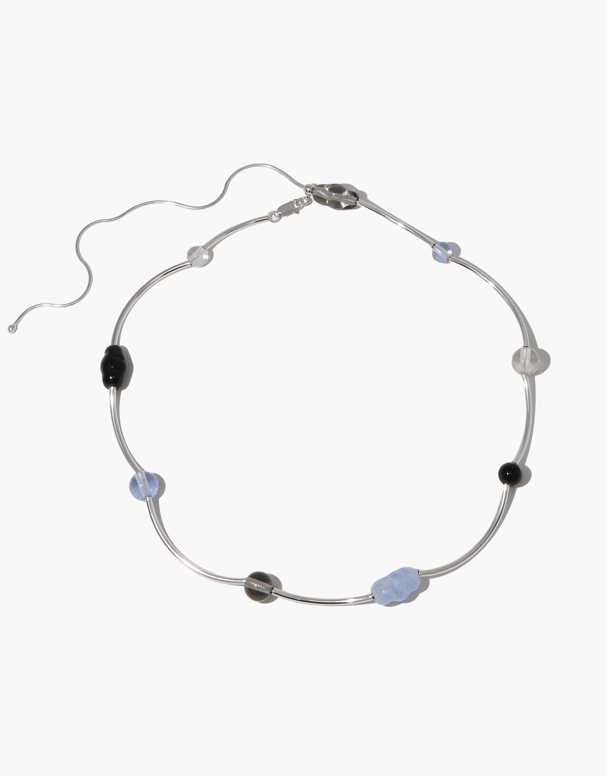 Halo Necklace with curved silver forms and delicate glass beads in alternating colors, creating a flowing wave pattern - CLED
