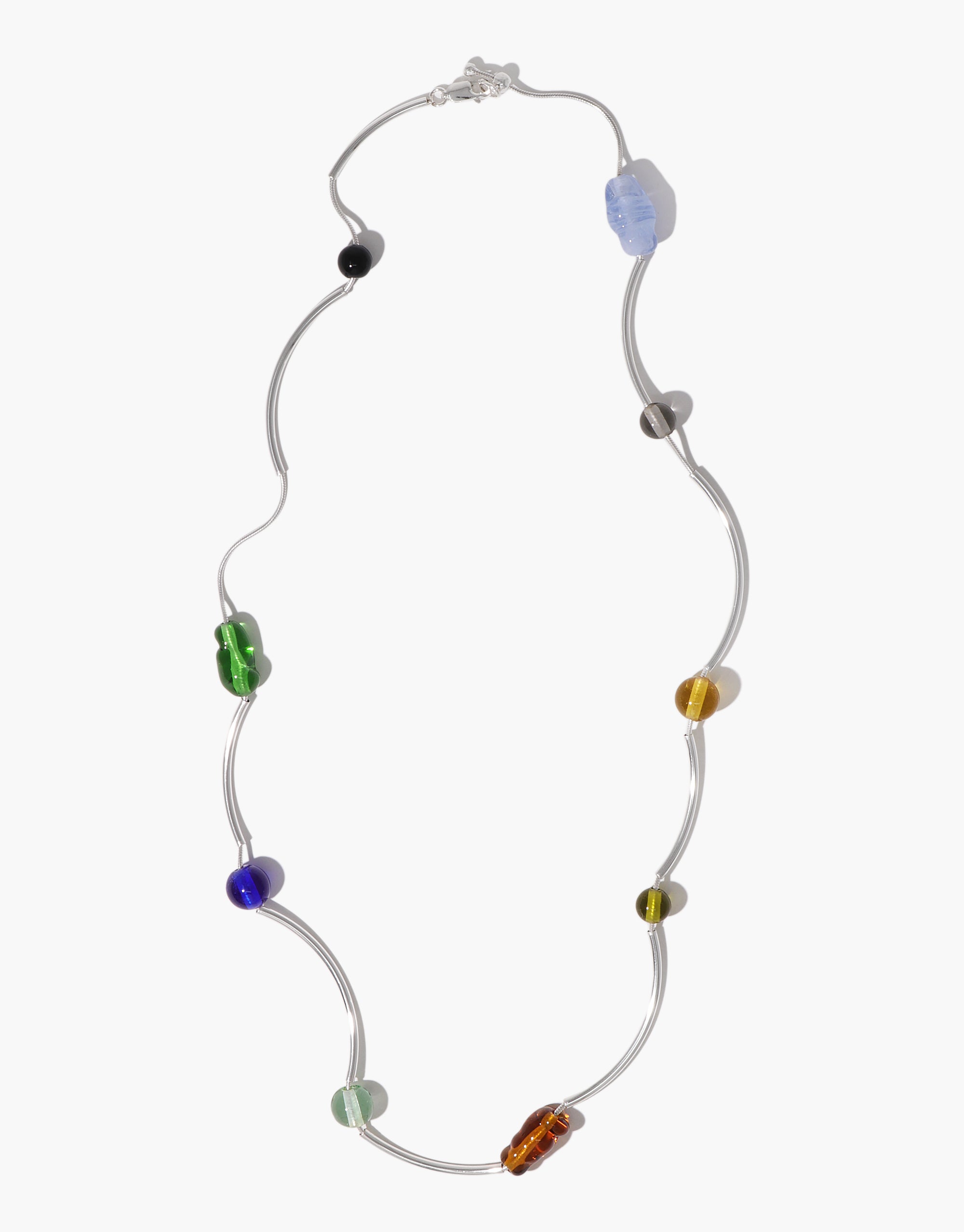 Halo Necklace with curved silver forms and colorful glass beads creating flowing wave-like design by CLED