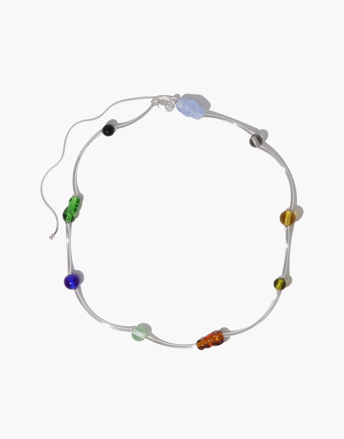 Halo Necklace featuring curved silver wire with colorful glass beads arranged in wave-like pattern, handcrafted by CLED