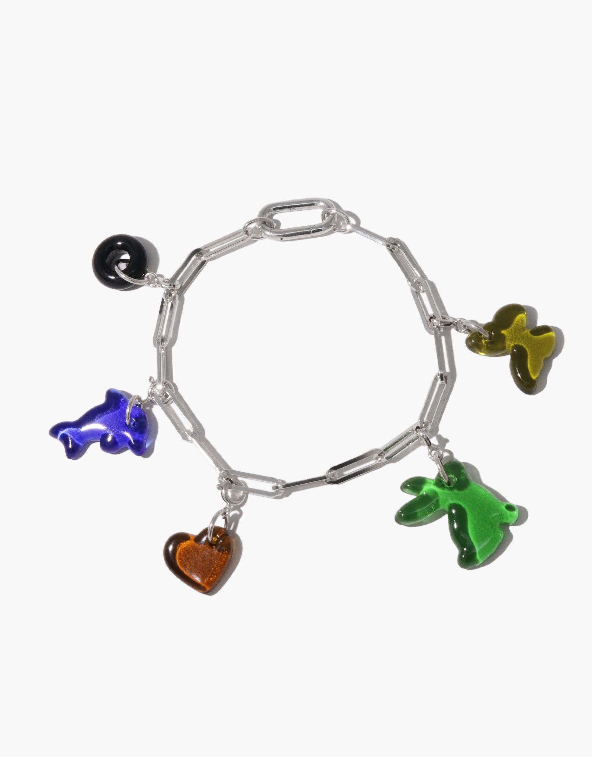 Icon Chain Bracelet with colorful glass charms including blue and green dolphins, orange heart, and yellow shape, showcasing customizable style for the Icon Chain Bracelet | D product by CLED
