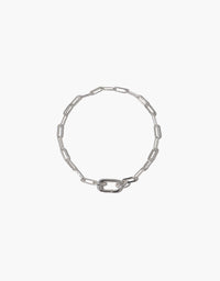 Silver chain bracelet with elongated links and unique clasp design, perfect for customizing with charms or wearing alone. Icon Chain Bracelet | E by CLED