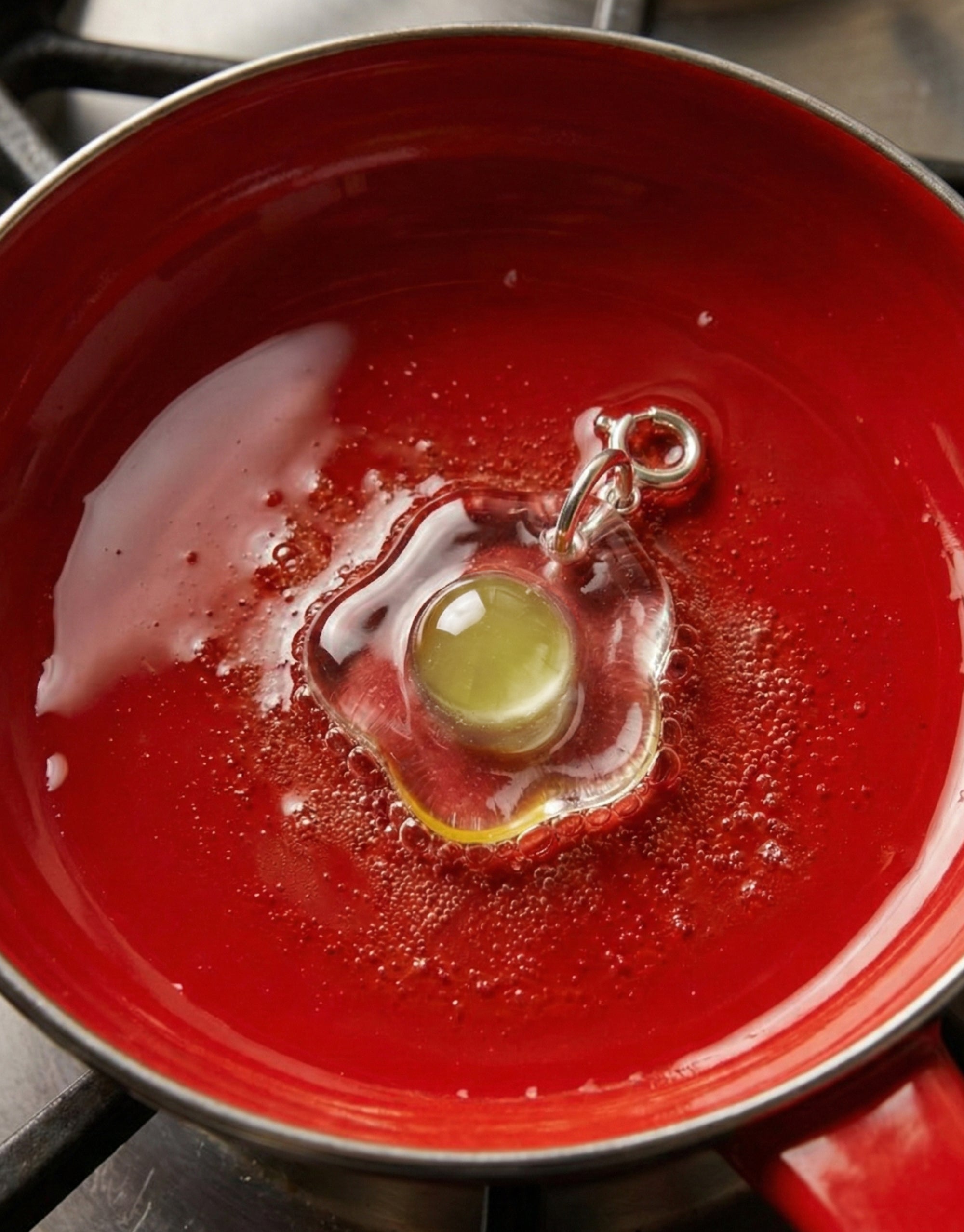 A translucent glass egg-shaped charm with a yellow center sits in hot oil inside a bright red frying pan, viewed from above. 