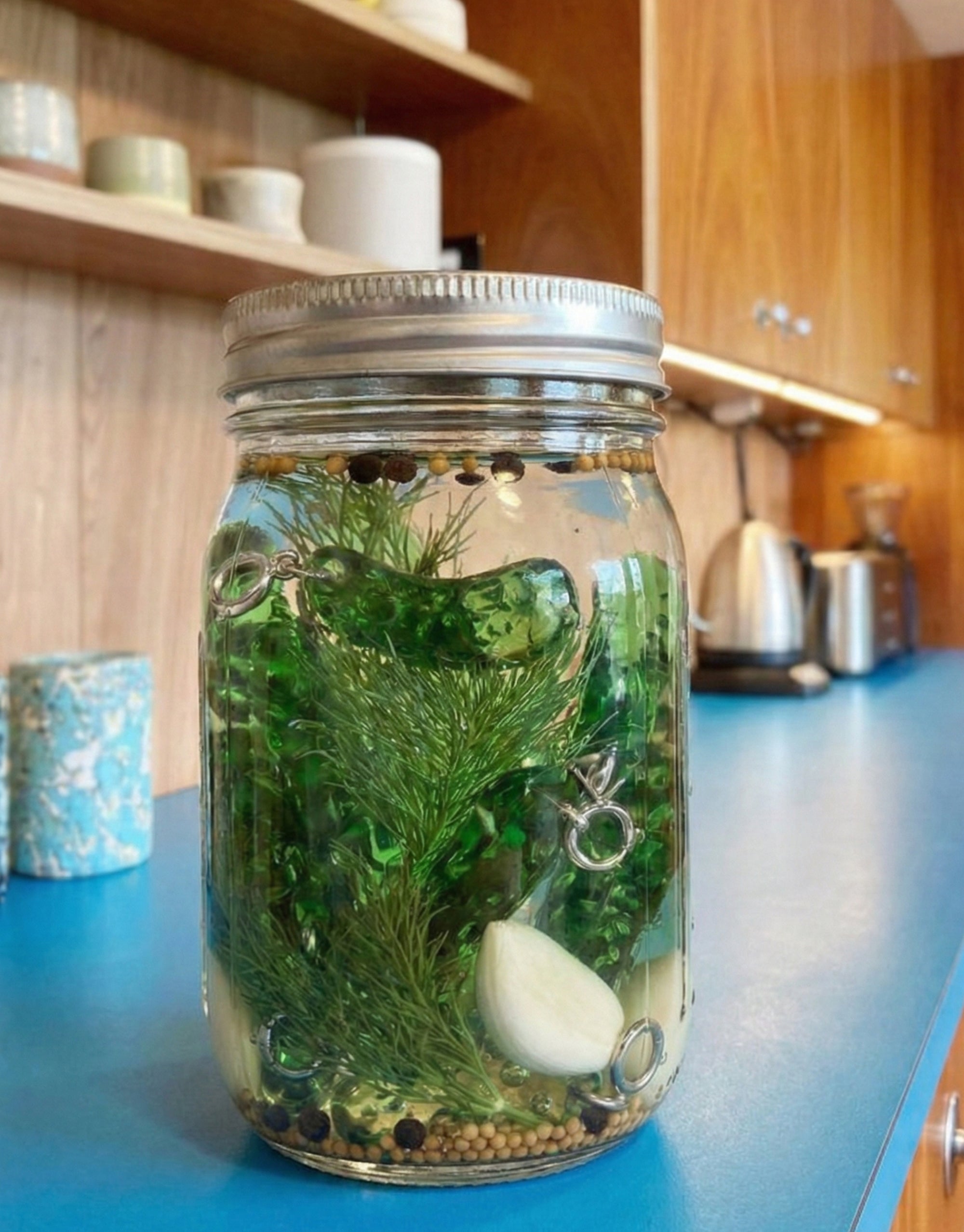 Glass mason jar filled with clear brine on a blue kitchen counter, containing green pickle shaped glass charms with silver clasps, fresh dill, garlic clove, and mustard and peppercorn seeds, with warm wood kitchen cabinets in the background.