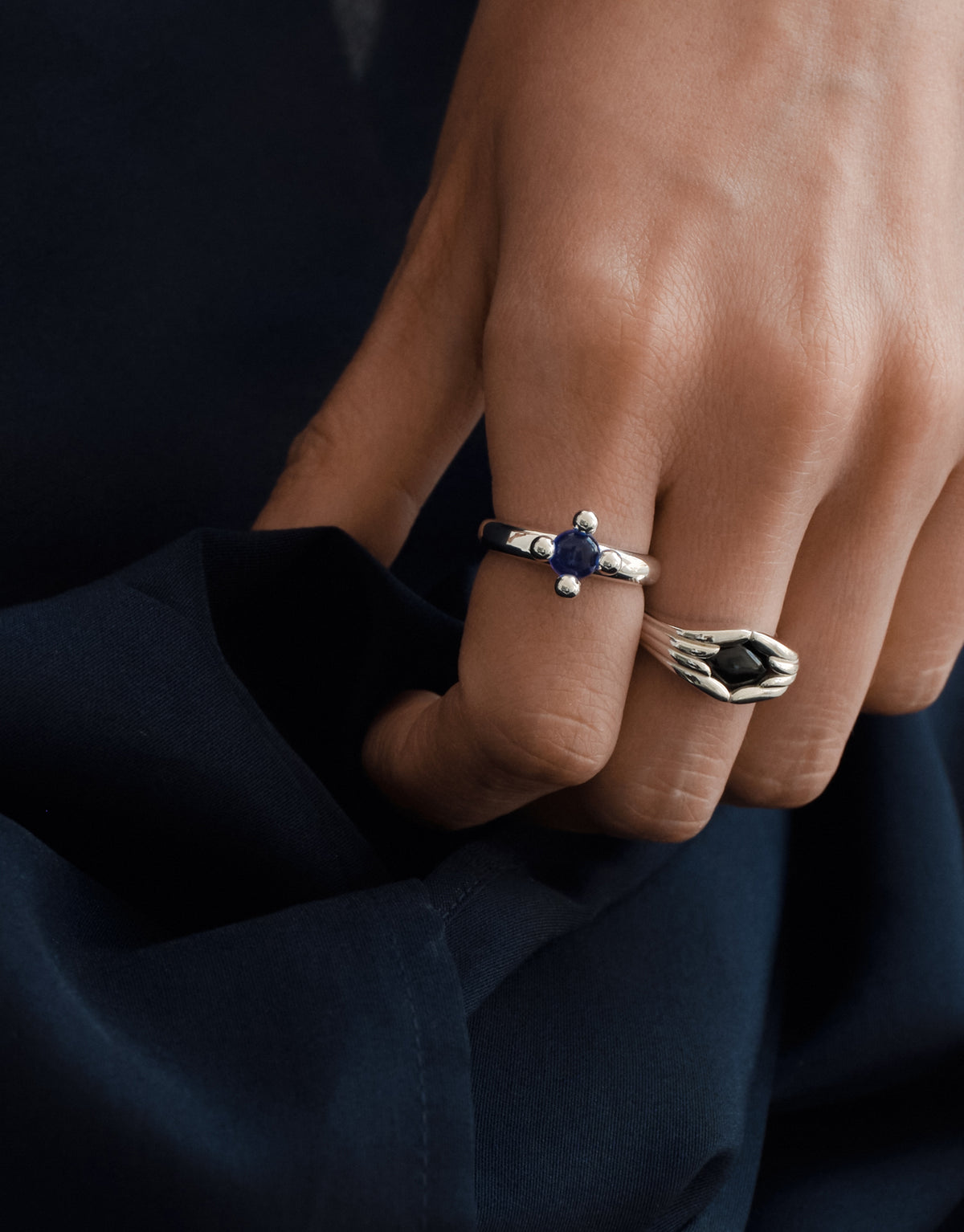 Fluted Ring worn on the model, upcycled glass Eco Gem set in sterling silver. Handmade in Los Angeles. Fluted Ring by CLED.