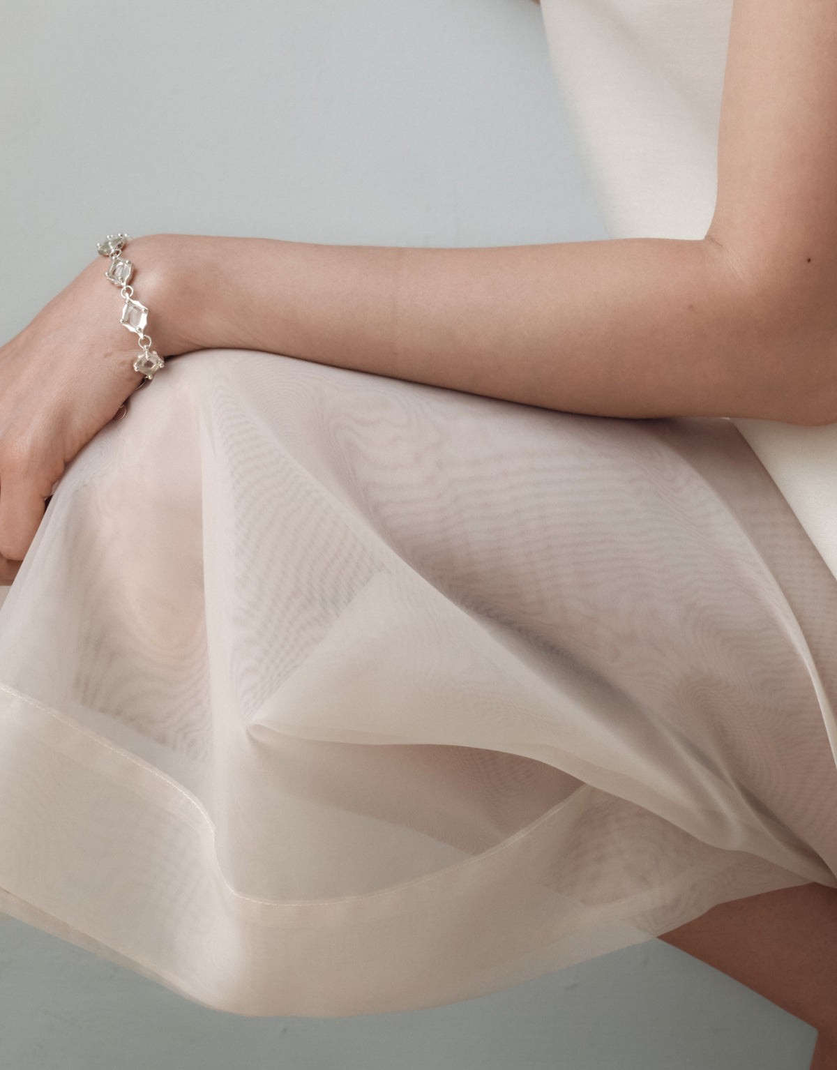 Cadence Bracelet | Metal worn on the model, upcycled glass Eco Gems framed in sterling silver. Handmade in Los Angeles. Cadence Bracelet | Metal by CLED.
