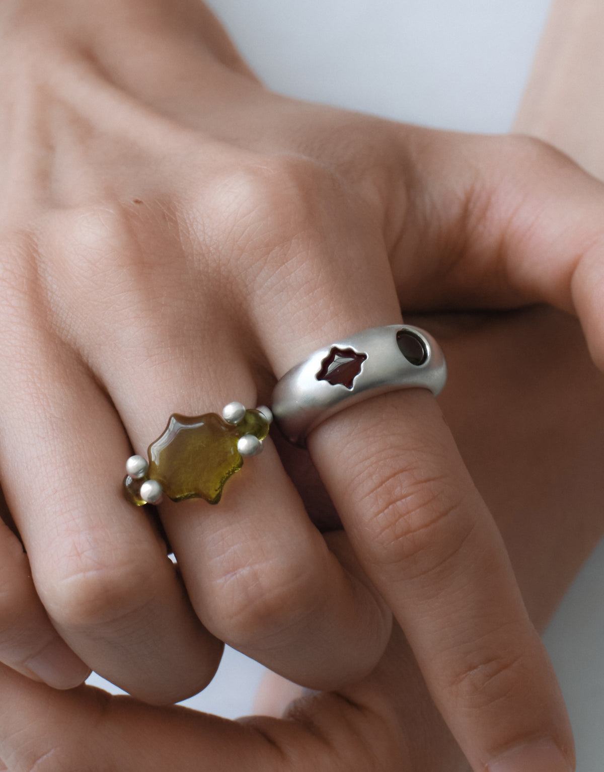 LAS Duo Ring worn on the model, upcycled glass Eco Gem set in sterling silver. Handmade in Los Angeles. LAS Duo Ring by CLED.