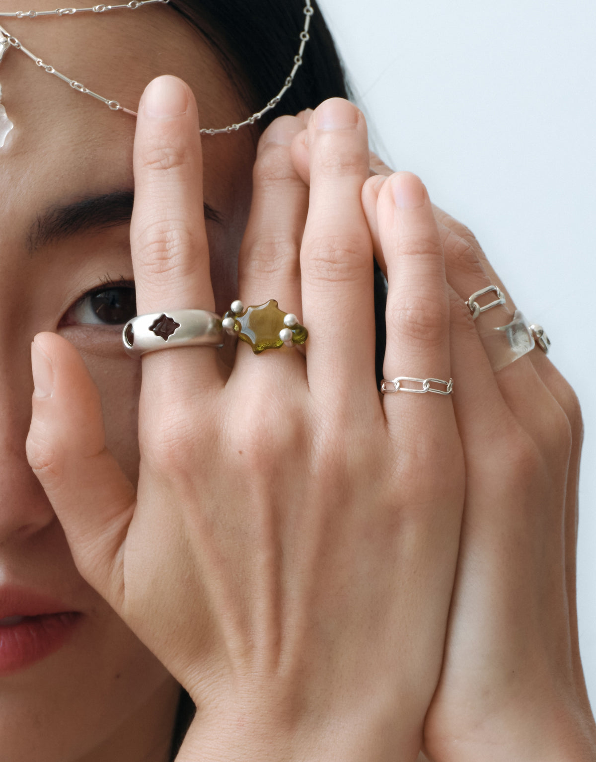 LAS Duo Ring worn on the model, upcycled glass Eco Gem set in sterling silver. Handmade in Los Angeles. LAS Duo Ring by CLED.