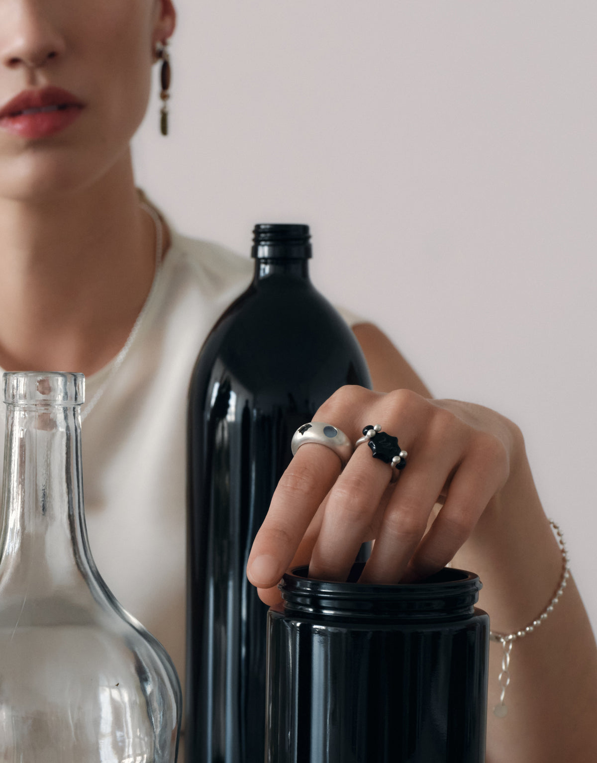 LAS Duo Ring worn on the model, upcycled glass Eco Gem set in sterling silver. Handmade in Los Angeles. LAS Duo Ring by CLED.