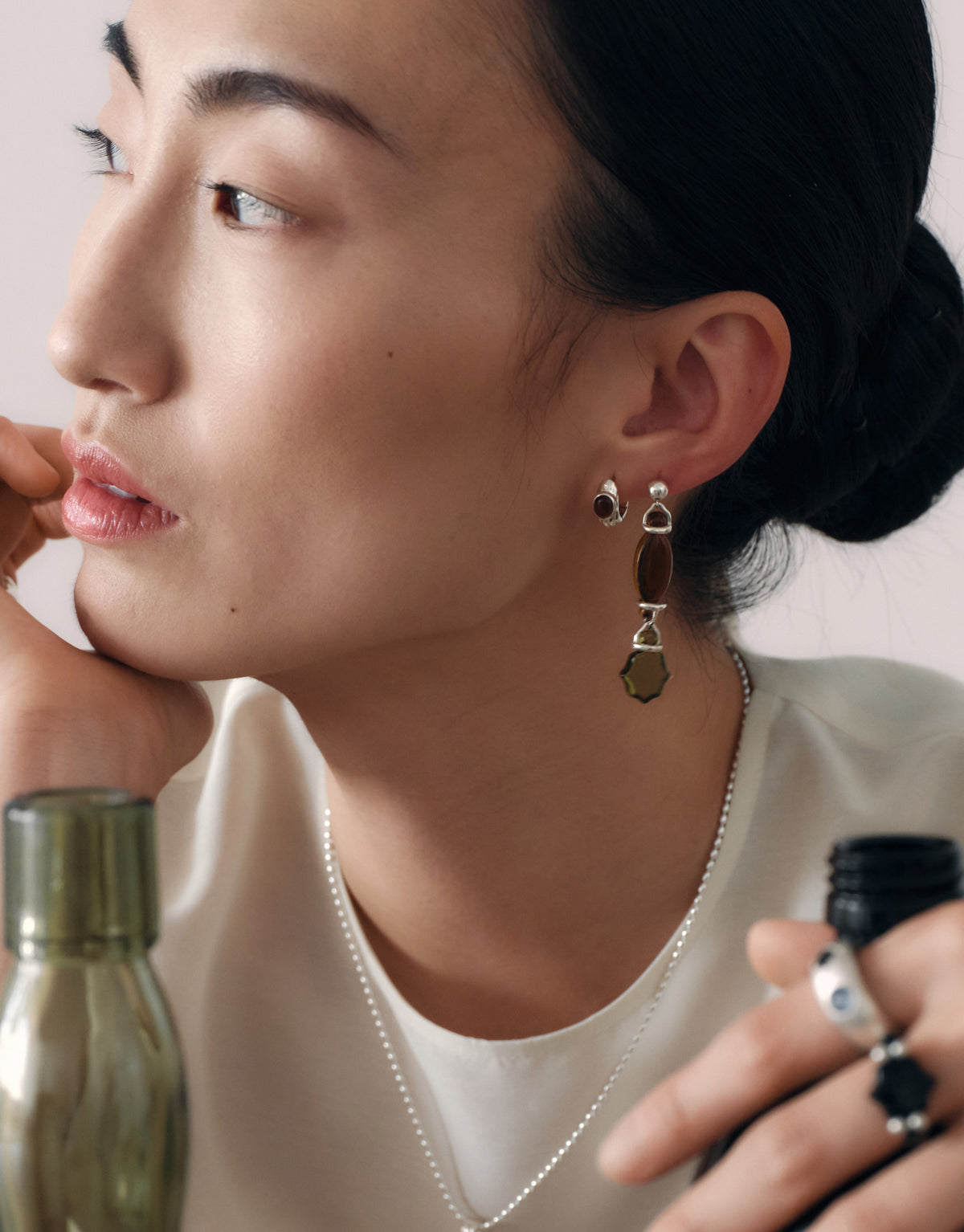 Scallop Hoop Earrings worn on the model, upcycled glass Eco Gem set in sterling silver. Handmade in Los Angeles. Scallop Hoop Earrings by CLED.