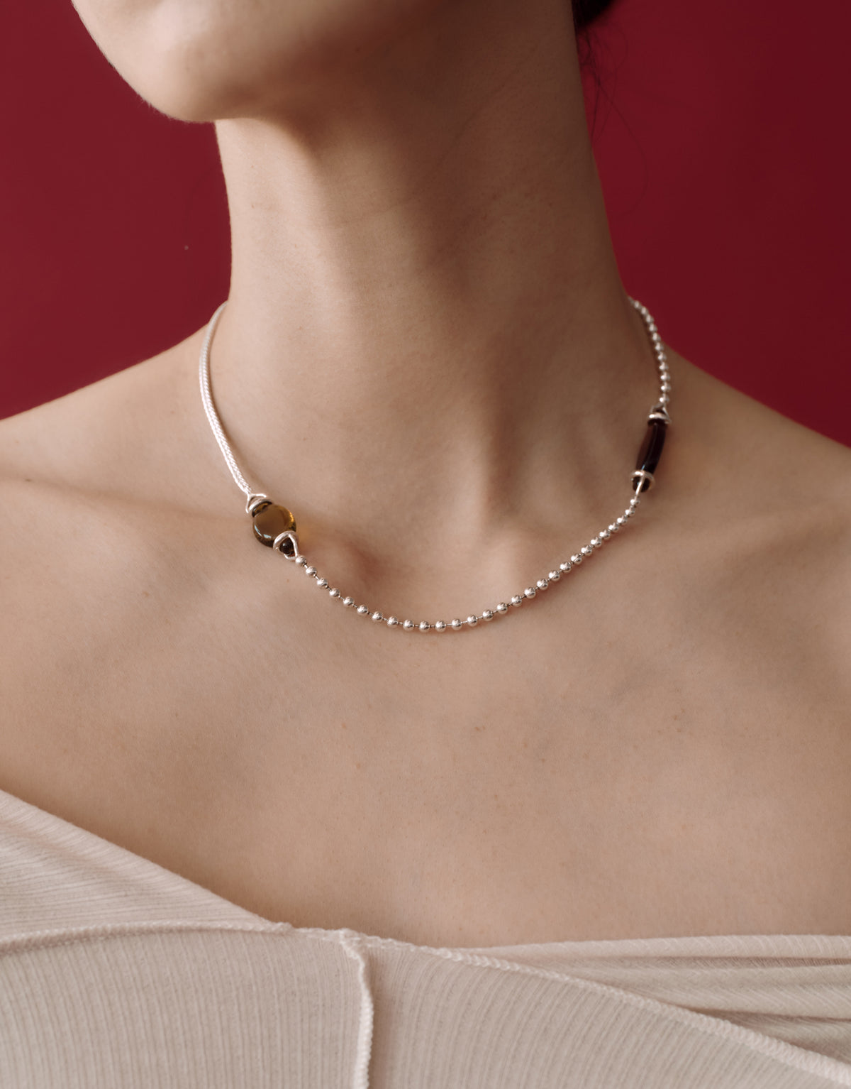 Picot Necklace worn on the model, upcycled glass Eco Gem set in sterling silver. Handmade in Los Angeles. Picot Necklace by CLED.