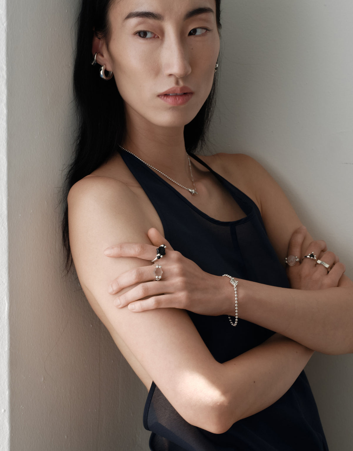 Repeat Ring worn on the model, cast in sterling silver. Handmade in Los Angeles. Repeat Ring by CLED.