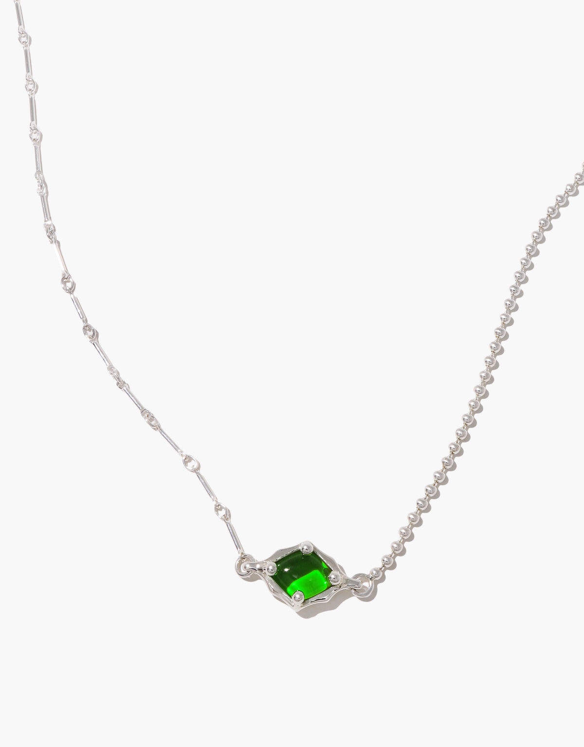 Interlace Necklace in green forest glass, an upcycled Eco Gem set in sterling silver. Handmade in Los Angeles. Interlace Necklace by CLED.