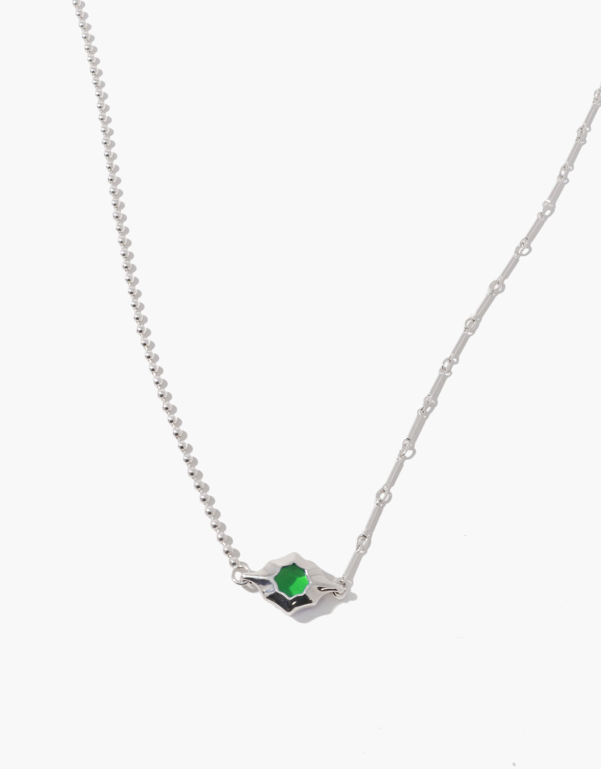 Interlace Necklace in green forest glass, an upcycled Eco Gem set in sterling silver. Handmade in Los Angeles. Interlace Necklace by CLED.