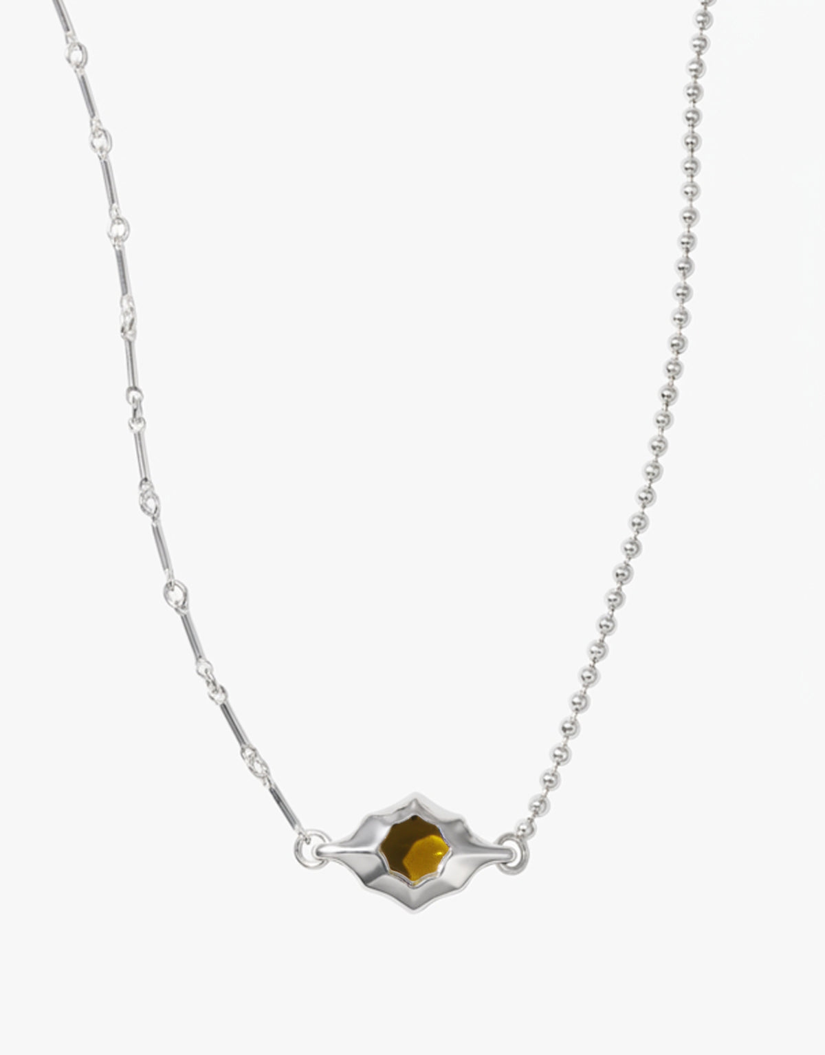 Interlace Necklace with a light olive glass Eco Gem set in a beaded silver frame between a ball chain and a bar chain. Interlace Necklace by CLED.
