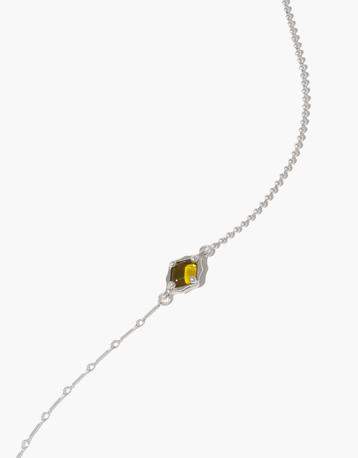 Interlace Necklace in light olive glass, an upcycled Eco Gem set in sterling silver. Handmade in Los Angeles. Interlace Necklace by CLED.