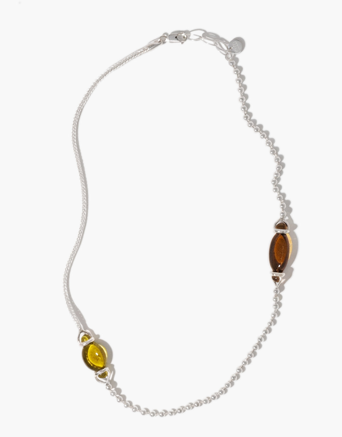 Picot Necklace in sterling silver with brown amber and light olive glass Eco Gems set at intervals along a chain that shifts from beaded to woven. Picot Necklace by CLED.