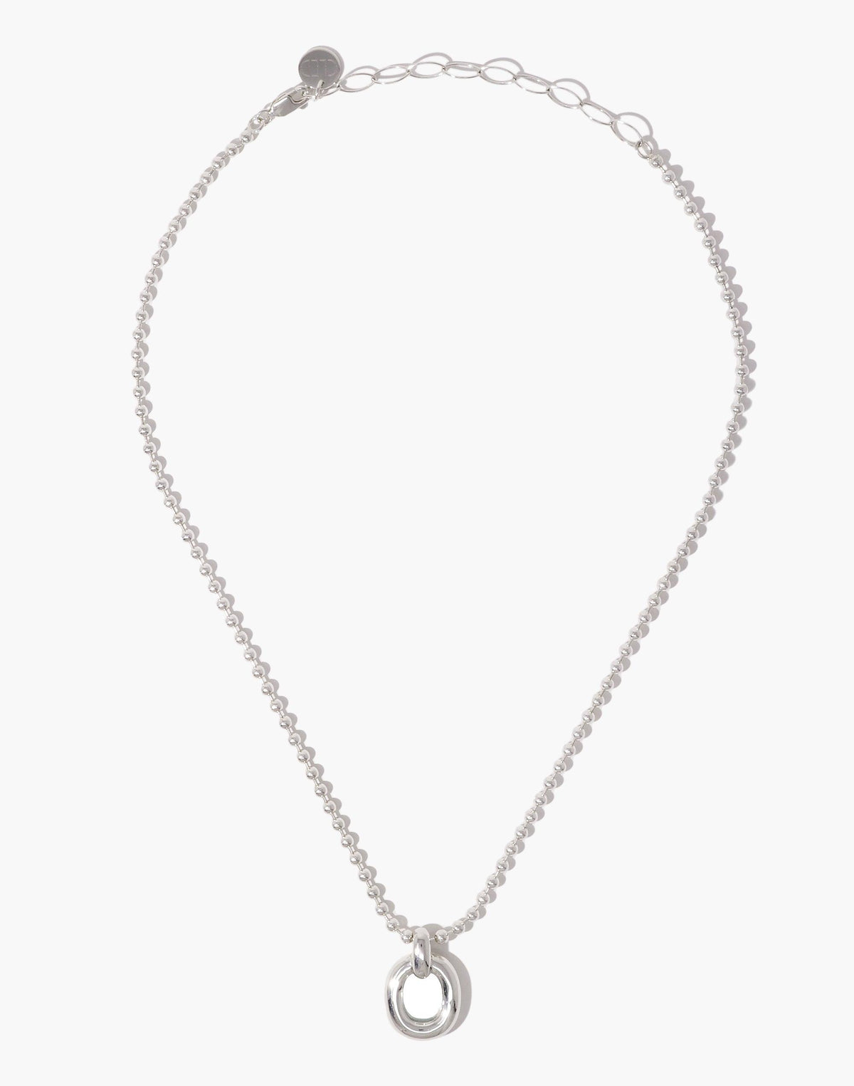 Elegant silver ball chain necklace with circular pendant, featuring adjustable loop clasp. Minimalist design symbolizing unity and connection. Upcycled materials showcase sustainable jewelry craftsmanship. Core Loop Necklace | Ball Chain by CLED