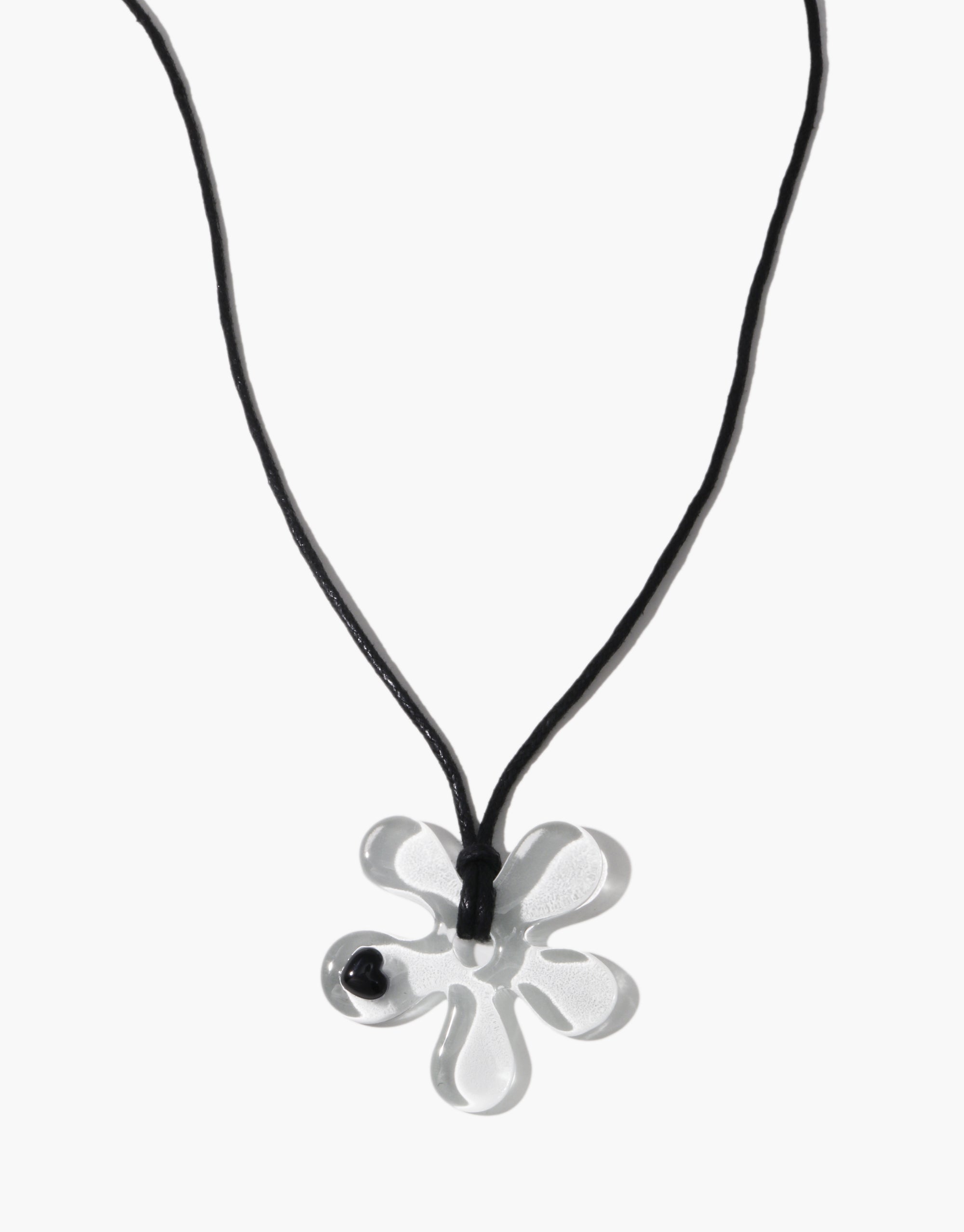 Clear glass petal sculpture necklace with heart detail on black cotton cord, Petal Sculpture Necklace by CLED