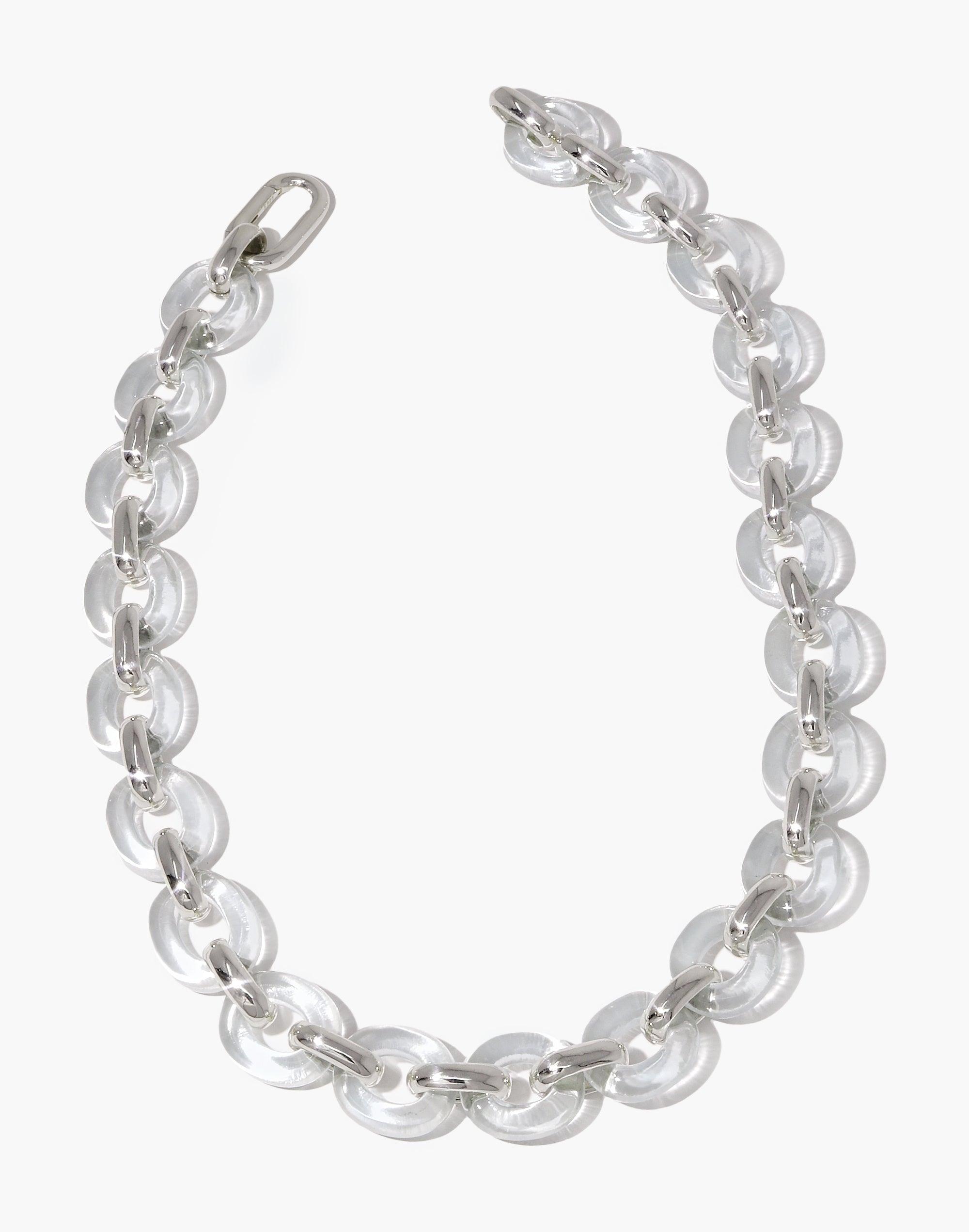 Elegant Connected Loop Necklace featuring transparent glass links in a chain-like design, showcasing upcycled materials and sustainable craftsmanship. A symbol of unity and connection, perfect for eco-conscious fashion lovers. Connected Loop Necklace | Glass by CLED