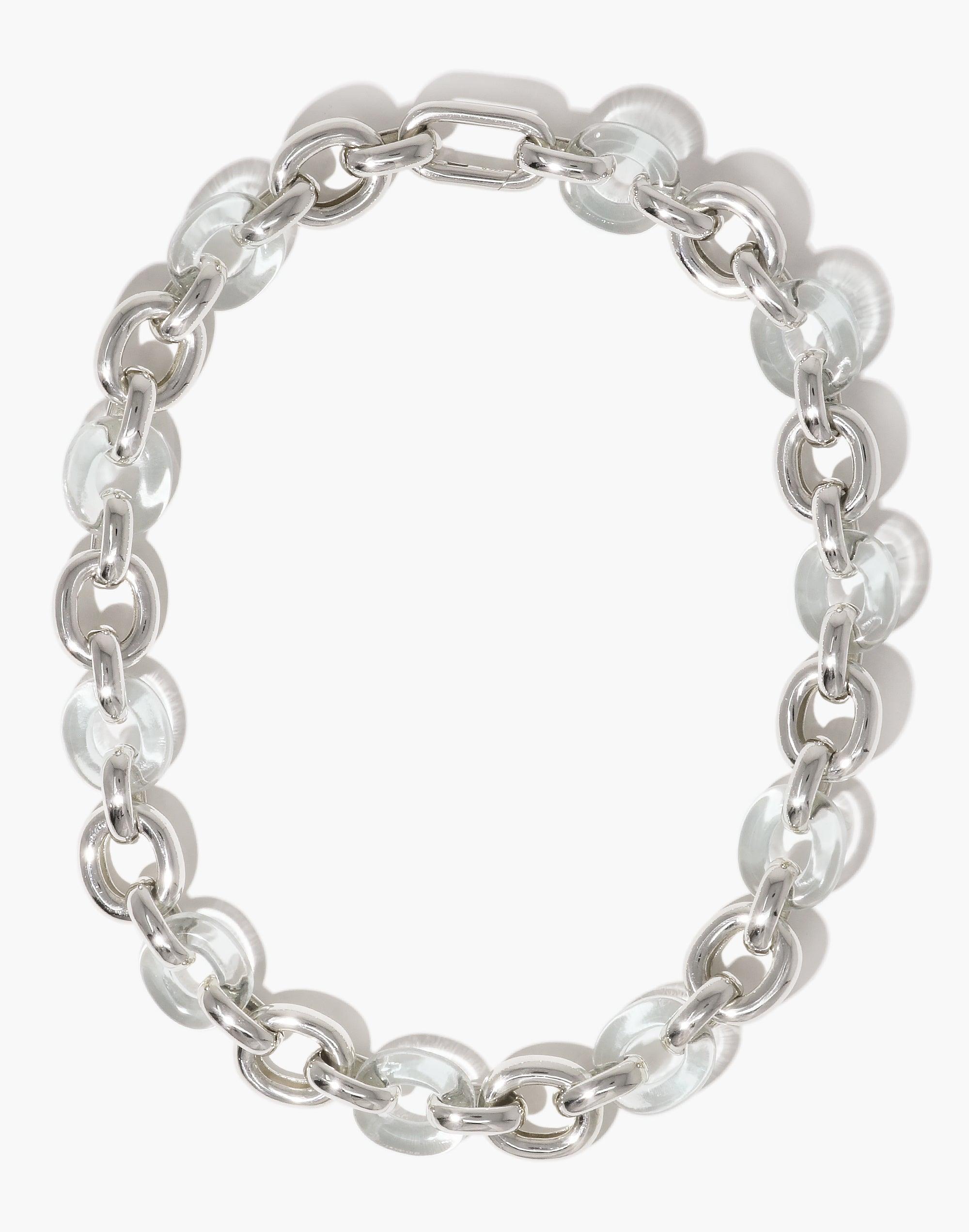 Stylish Connected Loop Necklace featuring alternating metal and clear glass links, symbolizing unity and upcycling. Elegant circular design showcases sustainable craftsmanship. Mixed Metal & Glass necklace embodies connection and eco-conscious fashion. CLED Connected Loop Necklace | Mixed Metal & Glass