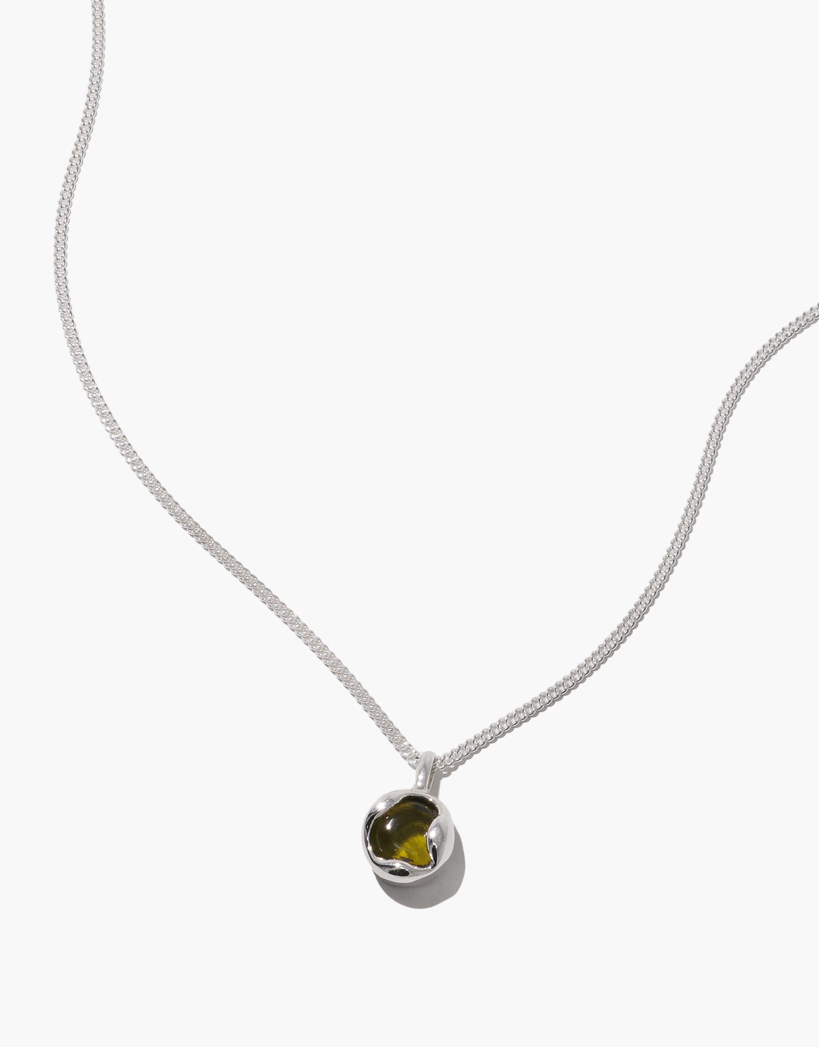 Minimalist Orb Necklace featuring silver-tone chain and spherical pendant with olive glass center from Goyo Serenity Collection - CLED