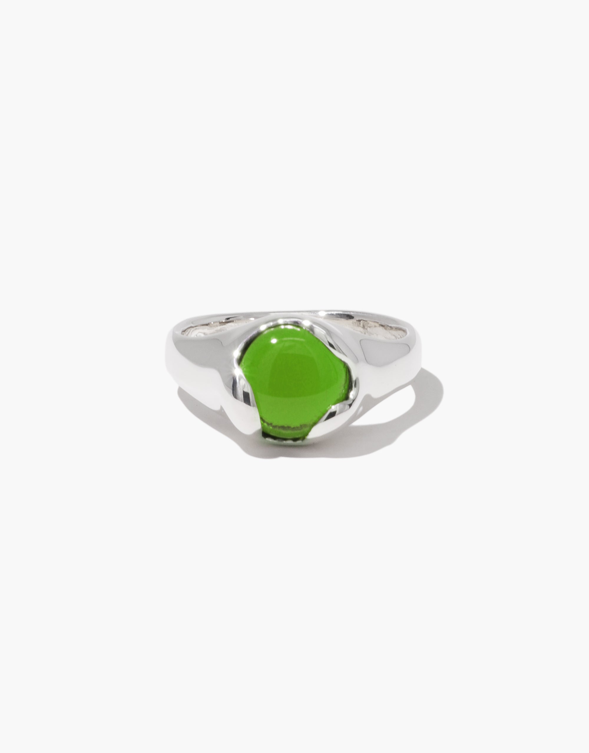Orb Ring with bright green eco-friendly glass center set in polished silver band design by CLED
