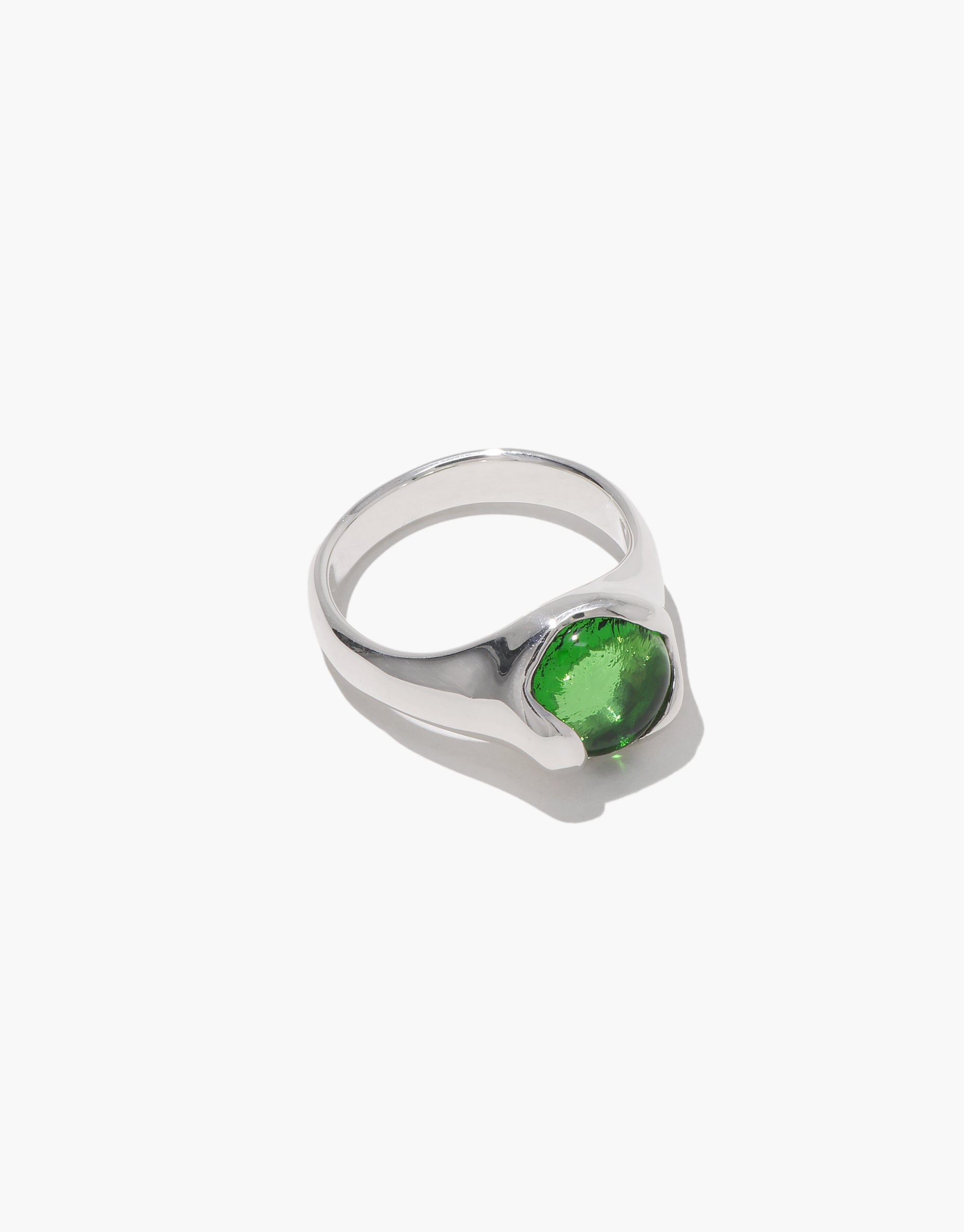 Minimalist silver Orb Ring with green eco-friendly center stone, featuring curved design and smooth finish - CLED