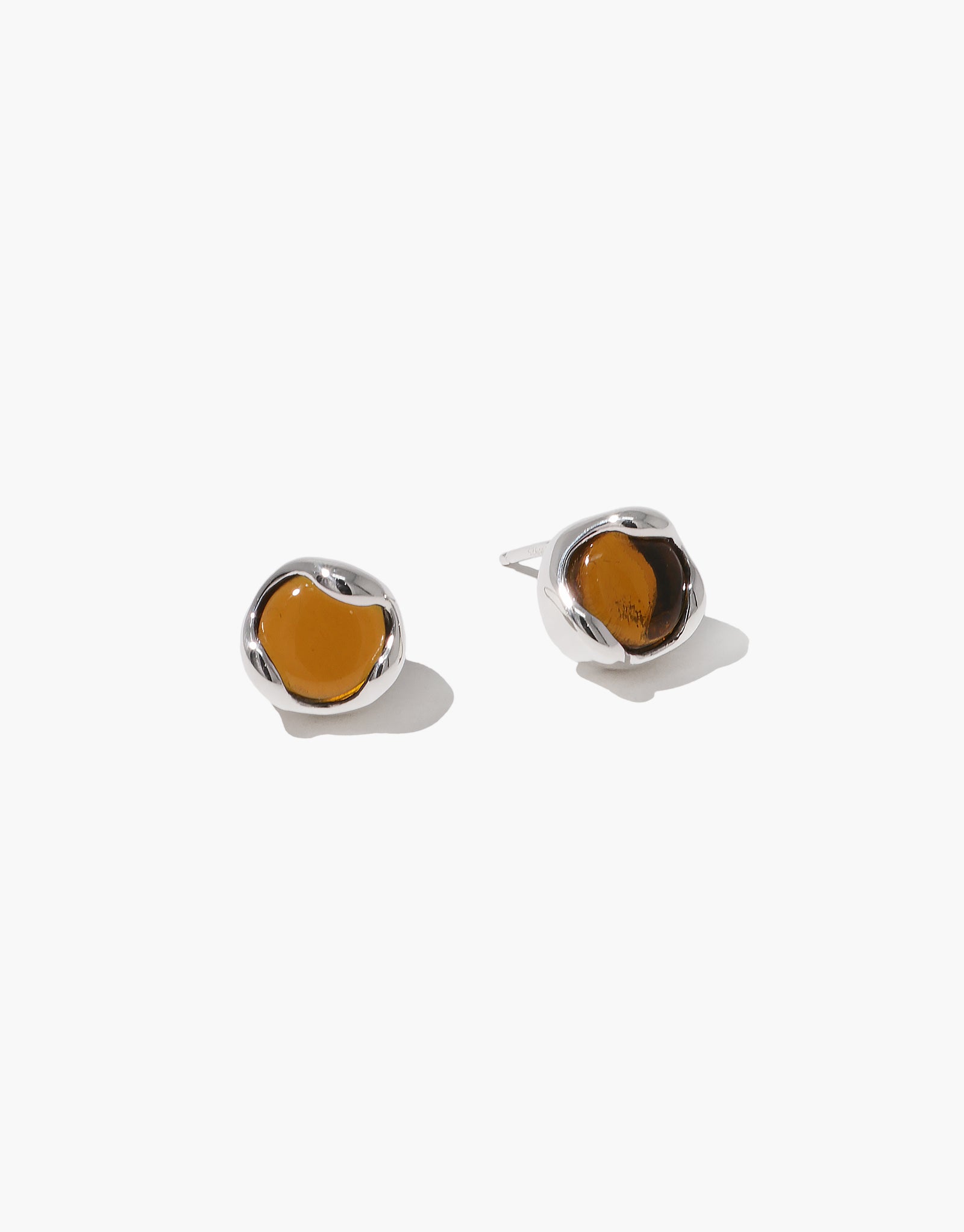 Minimal silver Orb Stud Earrings with amber eco-glass cabochons in organic bezel settings - handcrafted by CLED