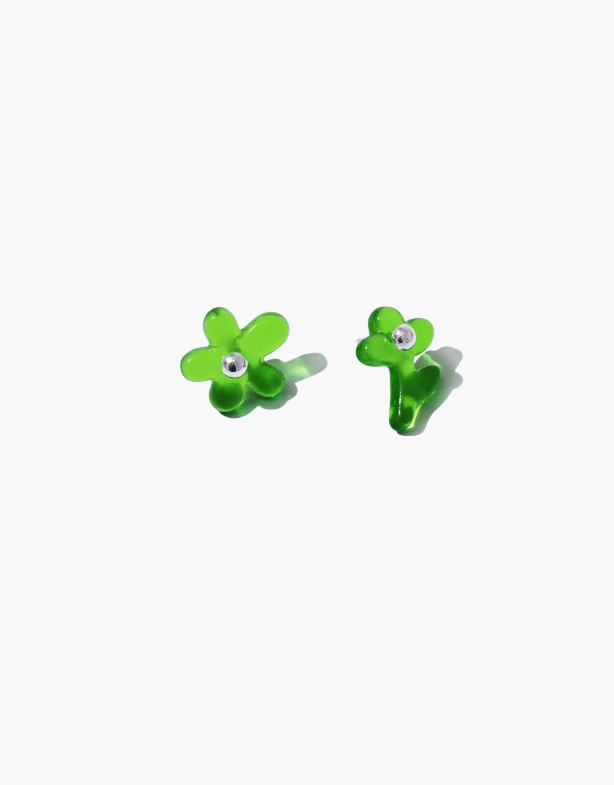 Mismatched bright green flower petal stud earrings with silver accents, Petal Icon Stud Earrings by CLED