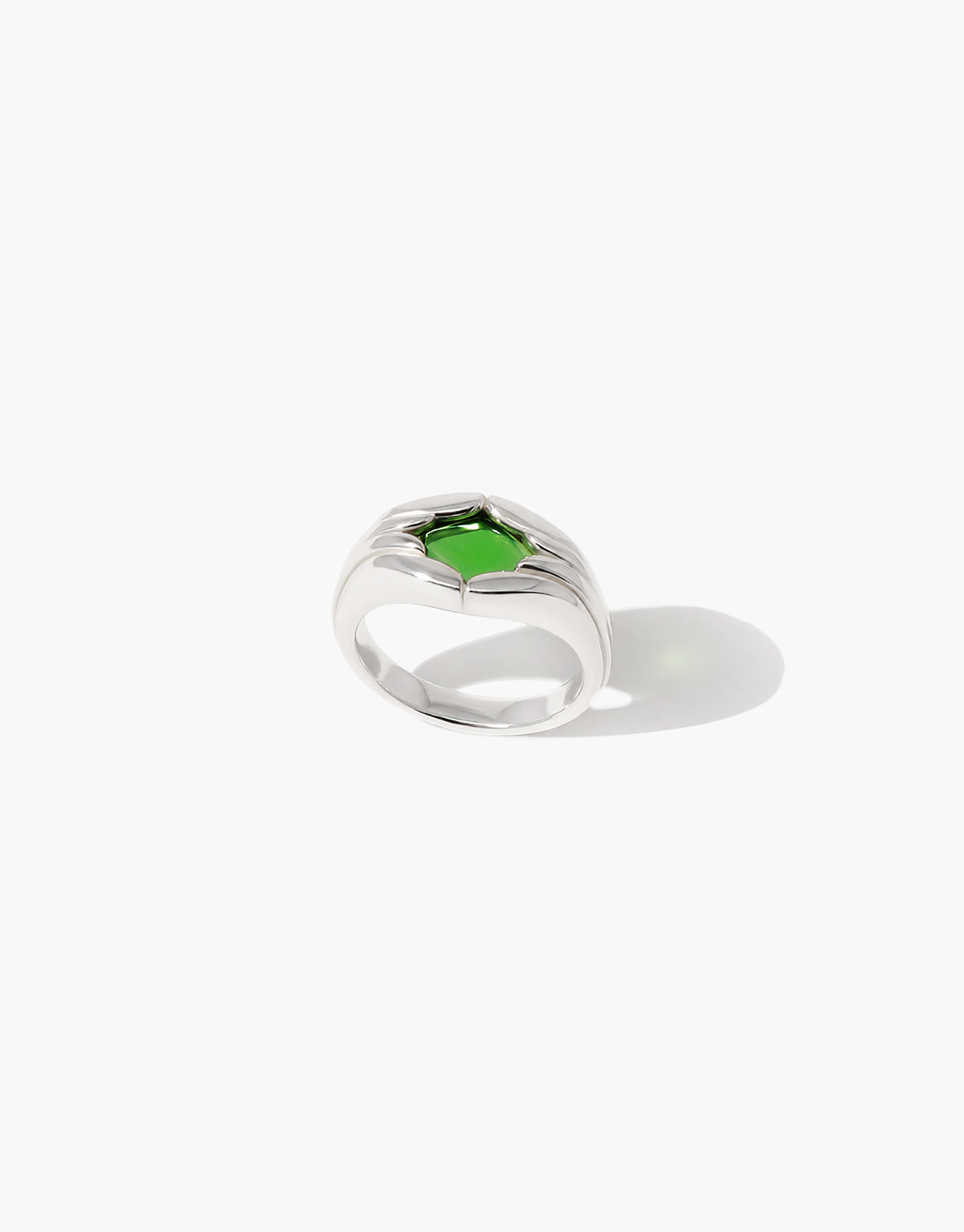 Fluted Ring in green forest glass, an upcycled Eco Gem set in sterling silver. Handmade in Los Angeles. Fluted Ring by CLED.