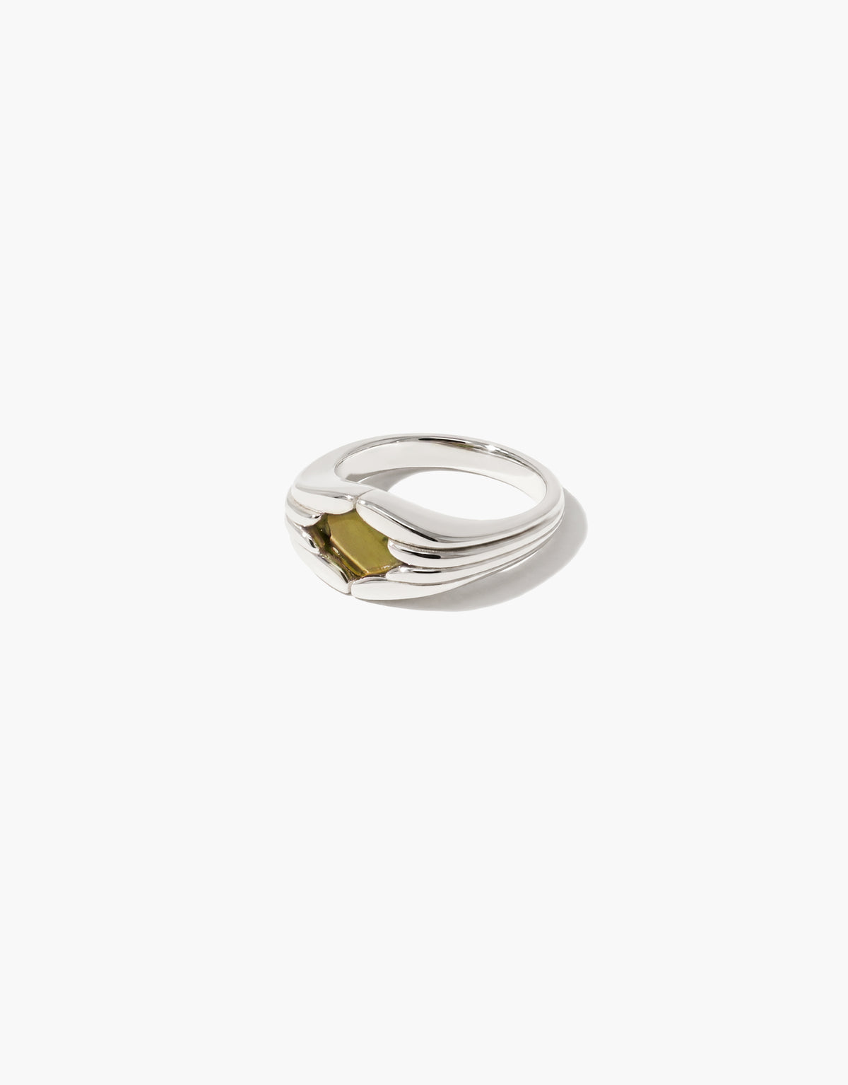 Fluted Ring in light olive glass, an upcycled Eco Gem set in sterling silver. Handmade in Los Angeles. Fluted Ring by CLED.