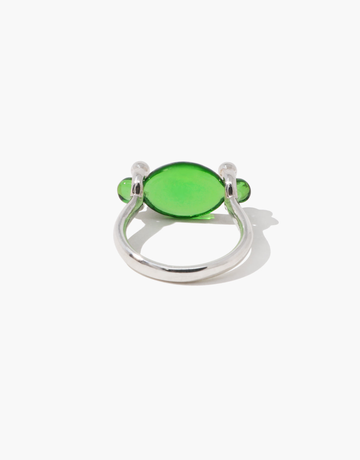 LAS Oval Swivel Ring in green forest glass, an upcycled Eco Gem set in sterling silver. Handmade in Los Angeles. LAS Oval Swivel Ring by CLED.
