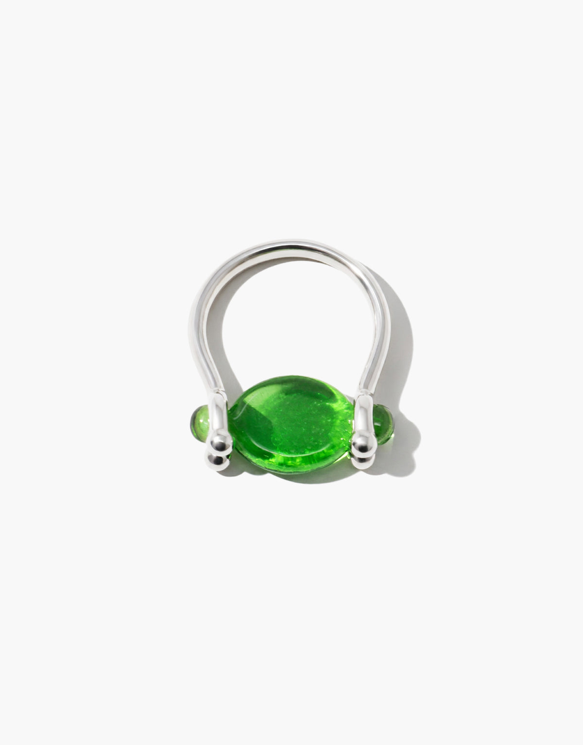 LAS Oval Swivel Ring in green forest glass, an upcycled Eco Gem set in sterling silver. Handmade in Los Angeles. LAS Oval Swivel Ring by CLED.