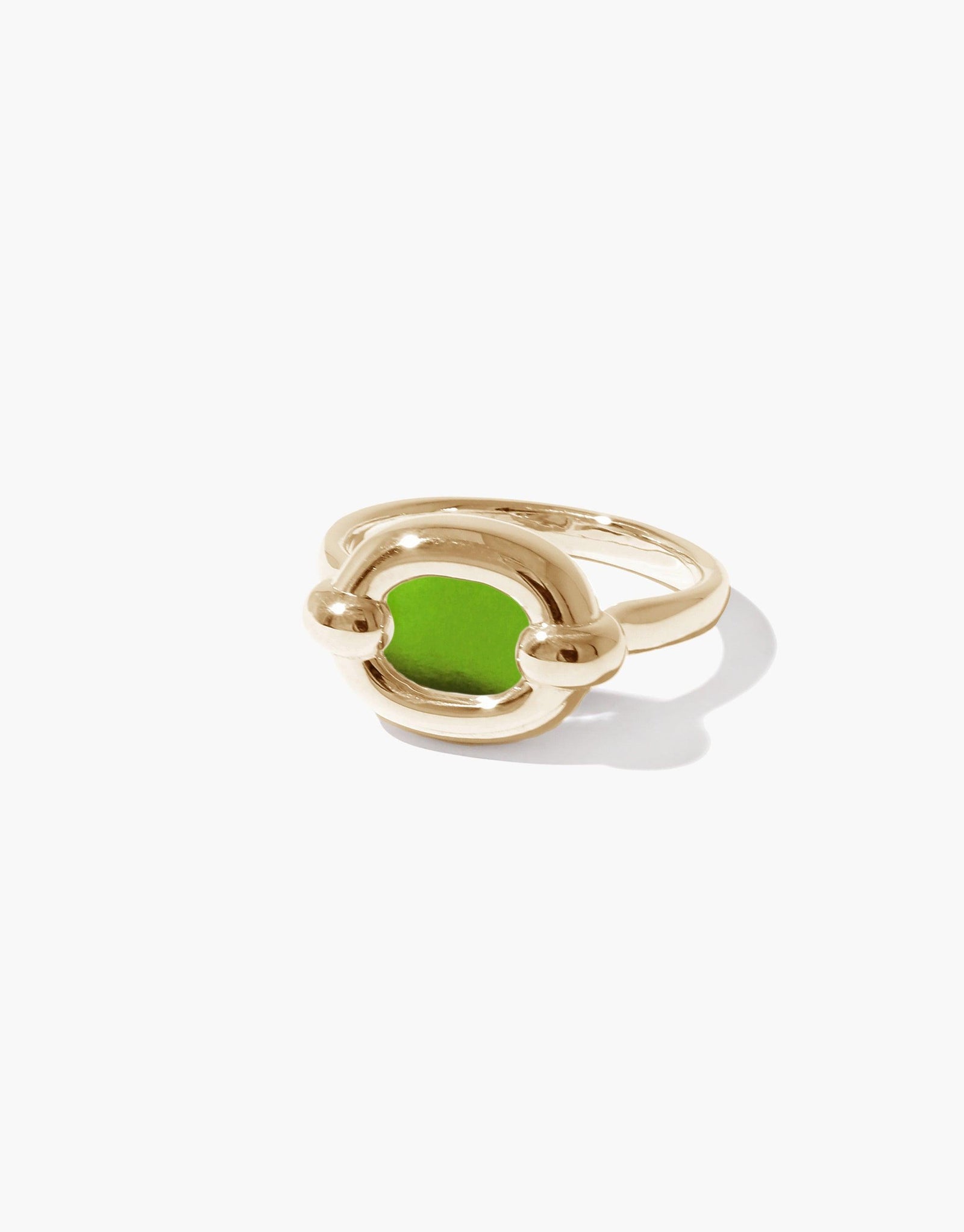 Elegant gold-toned Core Loop Ring featuring a vibrant green upcycled glass centerpiece, symbolizing unity and sustainability. Small size perfect for everyday wear. Part of CLED's In The Loop collection, embodying connection and eco-conscious design. Core Loop Ring | Small by CLED.