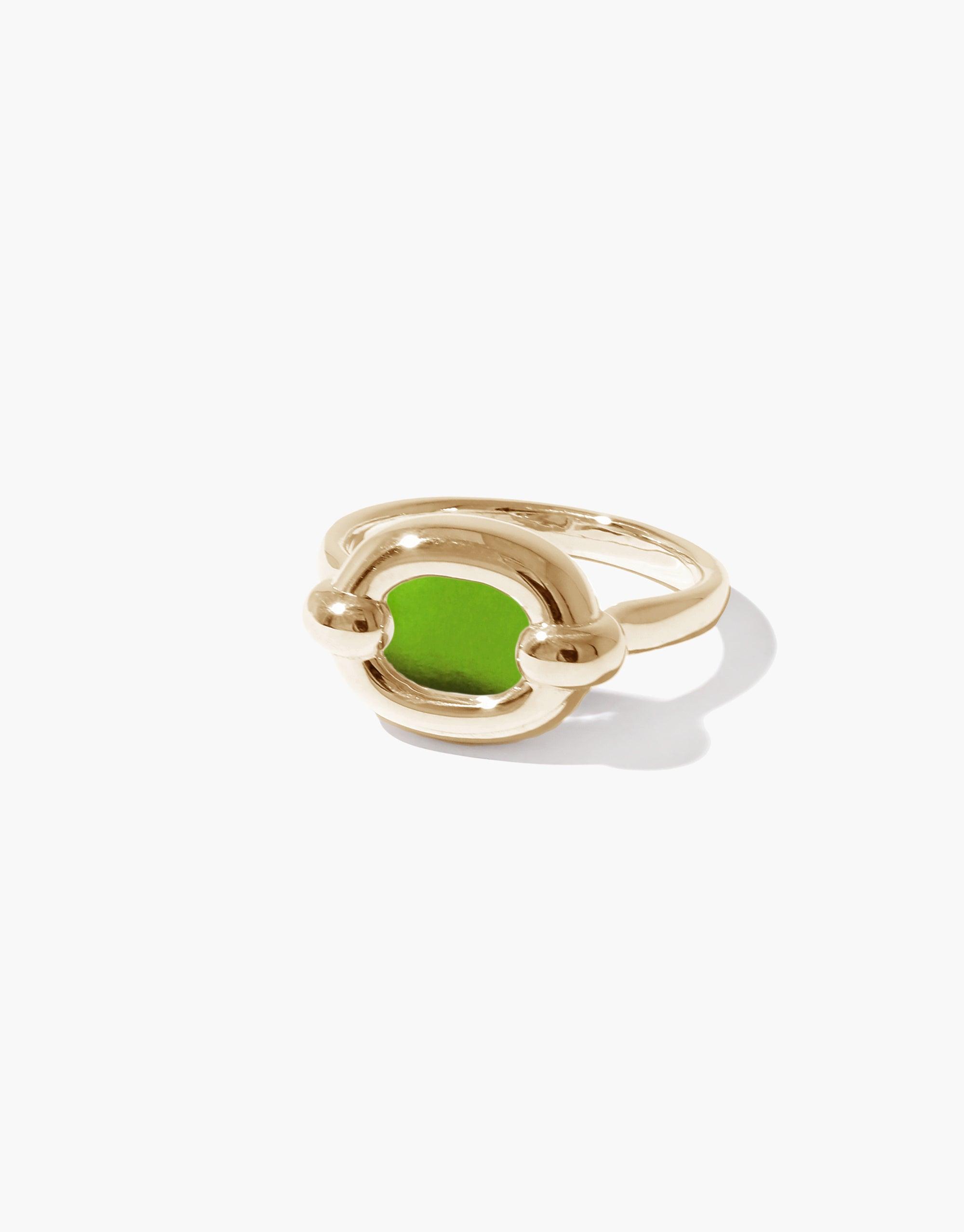 Elegant gold-toned Core Loop Ring featuring a vibrant green upcycled glass centerpiece, symbolizing unity and sustainability. Small size perfect for everyday wear. Part of CLED's In The Loop collection, embodying connection and eco-conscious design. Core Loop Ring | Small by CLED.