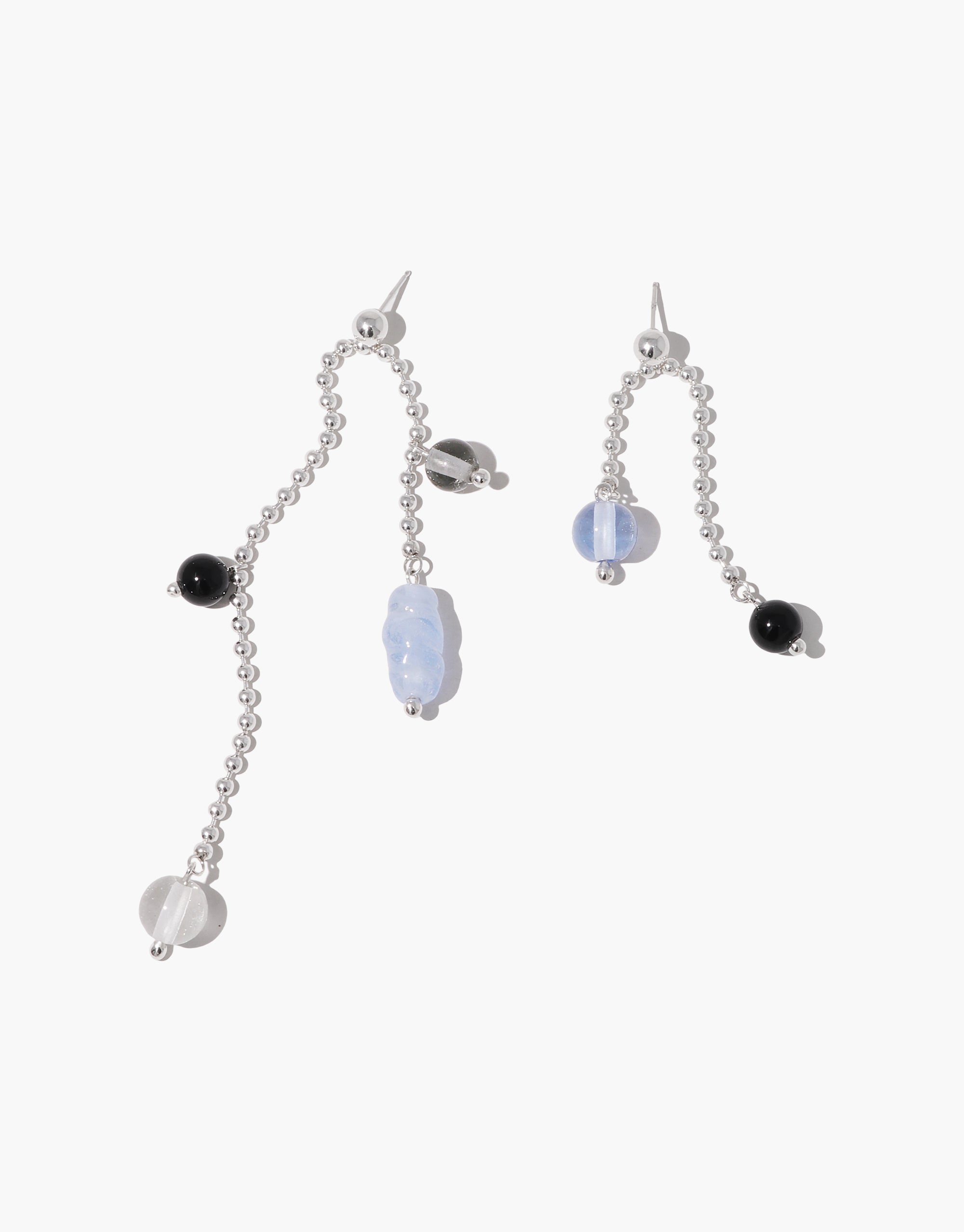Asymmetrical Still Earrings with silver beaded chains, light blue and black accent beads in elegant drop design by CLED