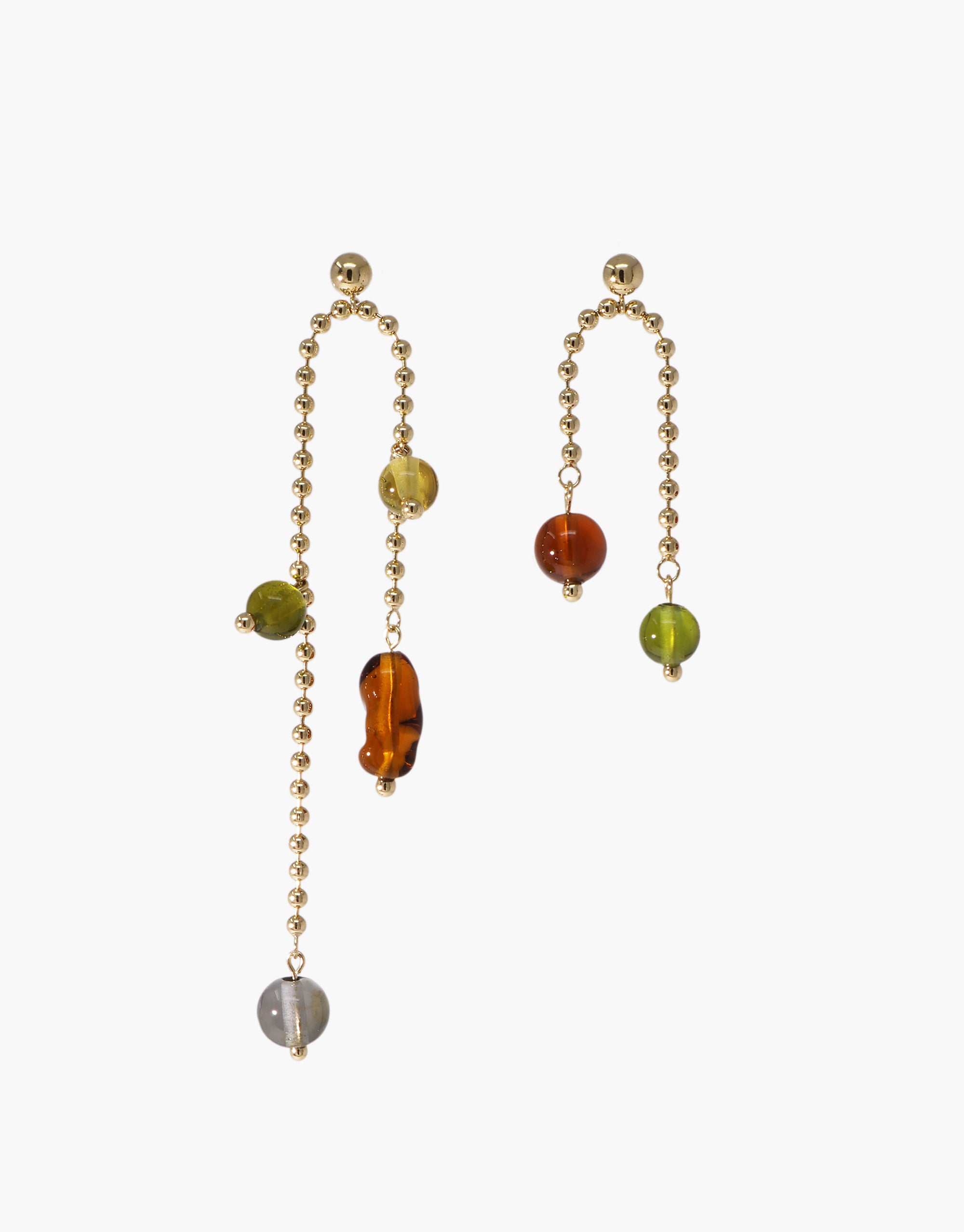 Asymmetrical Still Earrings with amber and olive beads on delicate gold-tone chain drops, reflecting serene movement by CLED