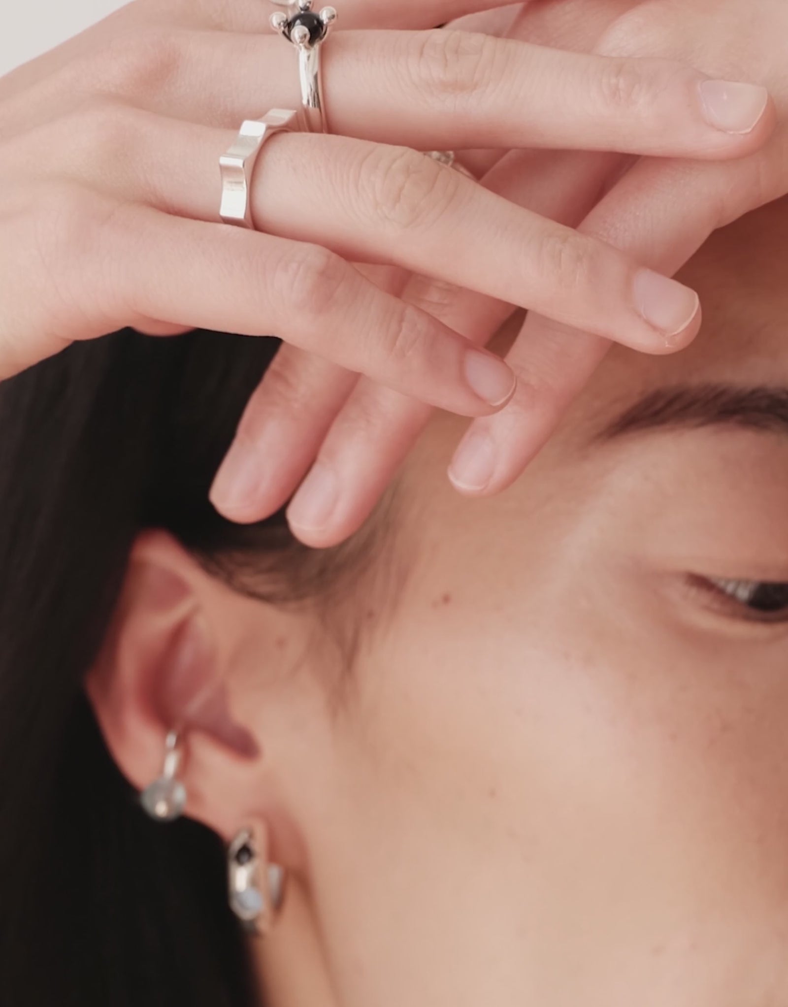 Repeat Ring in motion, worn on the model. Sterling silver, handmade in Los Angeles. Repeat Ring by CLED.