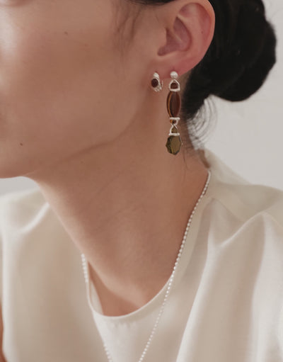 Scallop Hoop Earrings in motion, worn on the model. Upcycled glass Eco Gems in sterling silver, handmade in Los Angeles. Scallop Hoop Earrings by CLED.