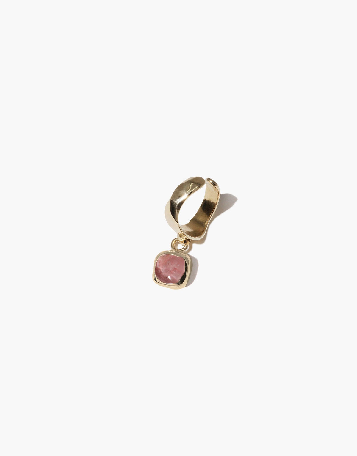 Square Dangling Ear Cuff featuring a gold ring with a pink upcycled Eco Gem, crafted from discarded glass, highlighting CLED's eco-conscious jewelry ethos. Handmade in Los Angeles, showcasing unique charm design.