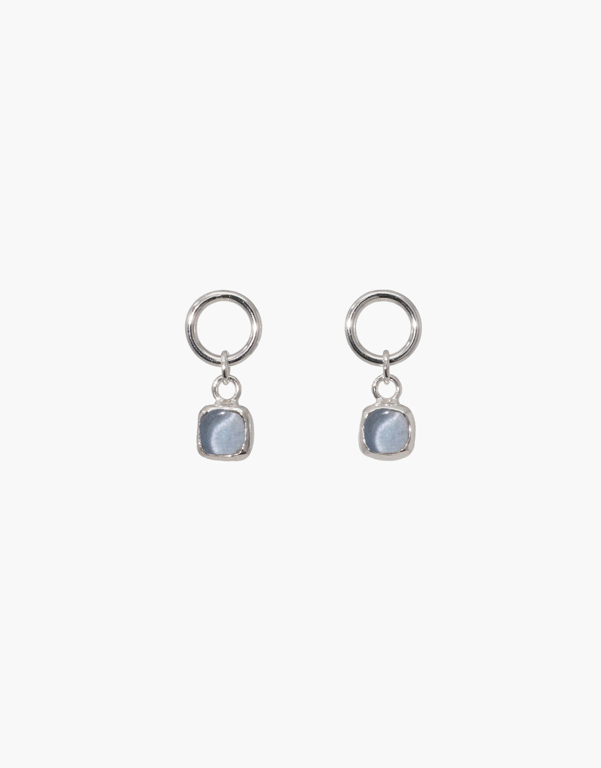 Square Dangling Earrings featuring blue upcycled Eco Gems, crafted from repurposed glass. These handmade sterling silver charms reflect eco-conscious design, showcasing CLED's commitment to sustainable and stylish jewelry.