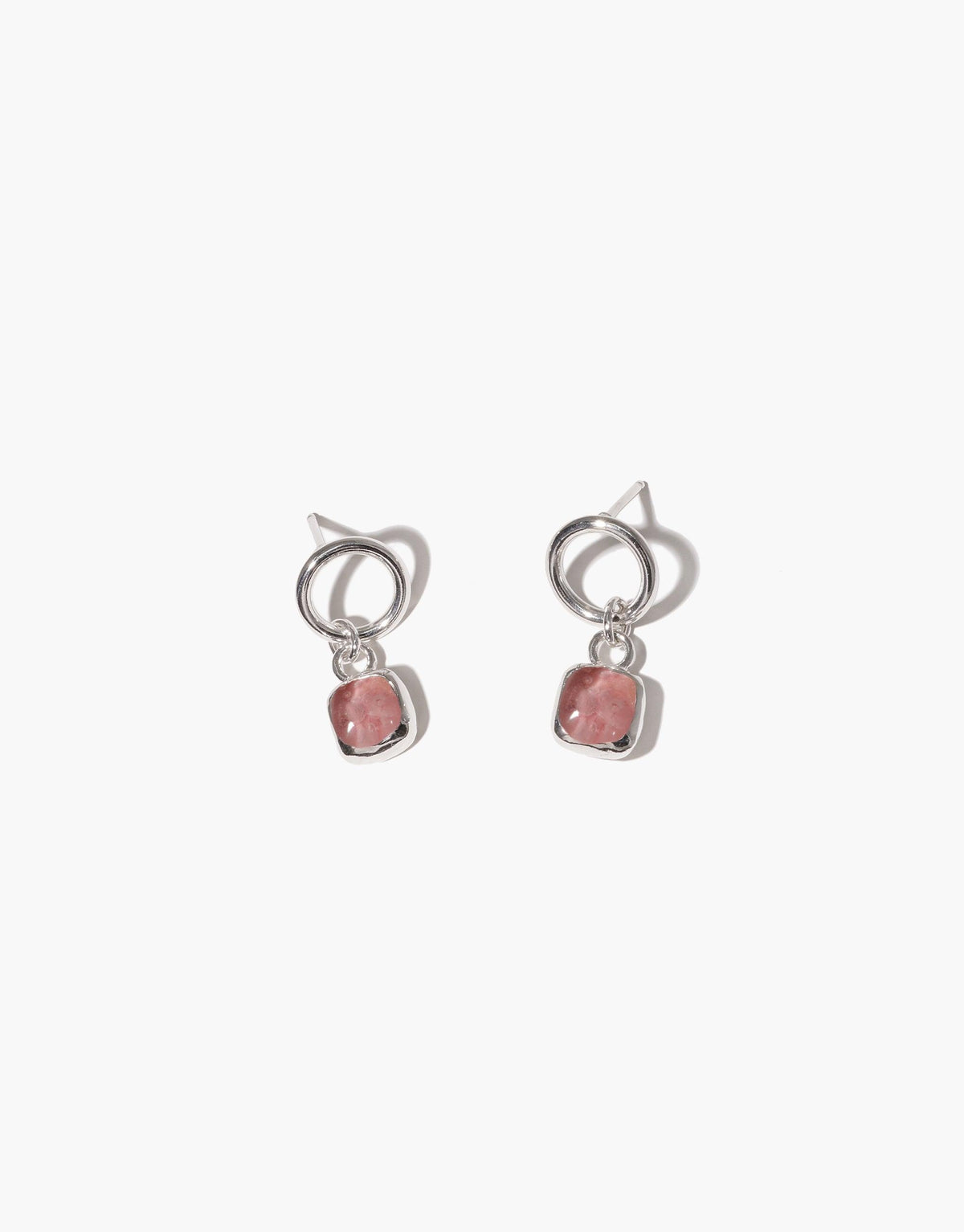 Square Dangling Earrings: A pair of earrings featuring pink Eco Gems, crafted from repurposed glass, set in sterling silver hoops. Each piece is uniquely handmade in Los Angeles.